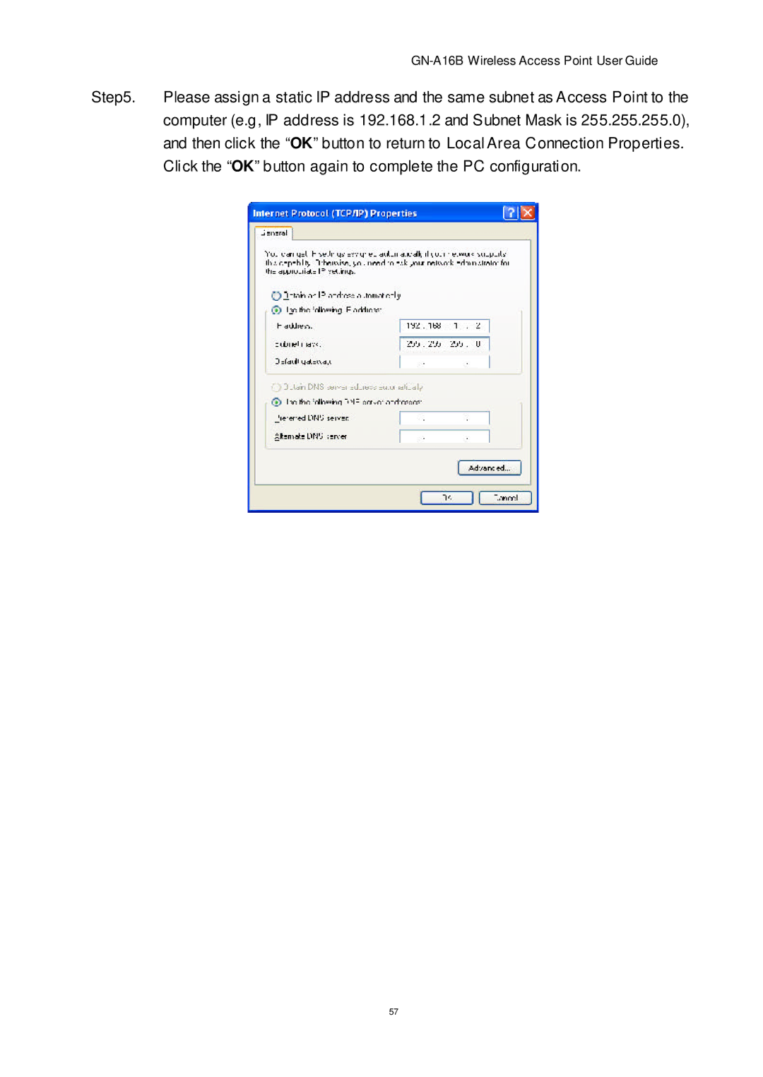 Gigabyte GN-A16B manual Computer e.g, IP address is 192.168.1.2 and Subnet Mask is 