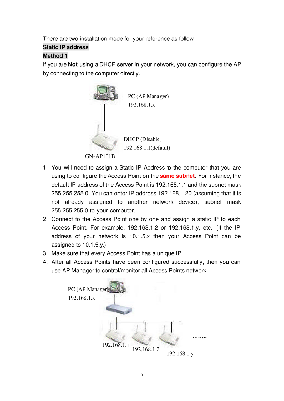 Gigabyte GN-AP101B manual Static IP address Method 