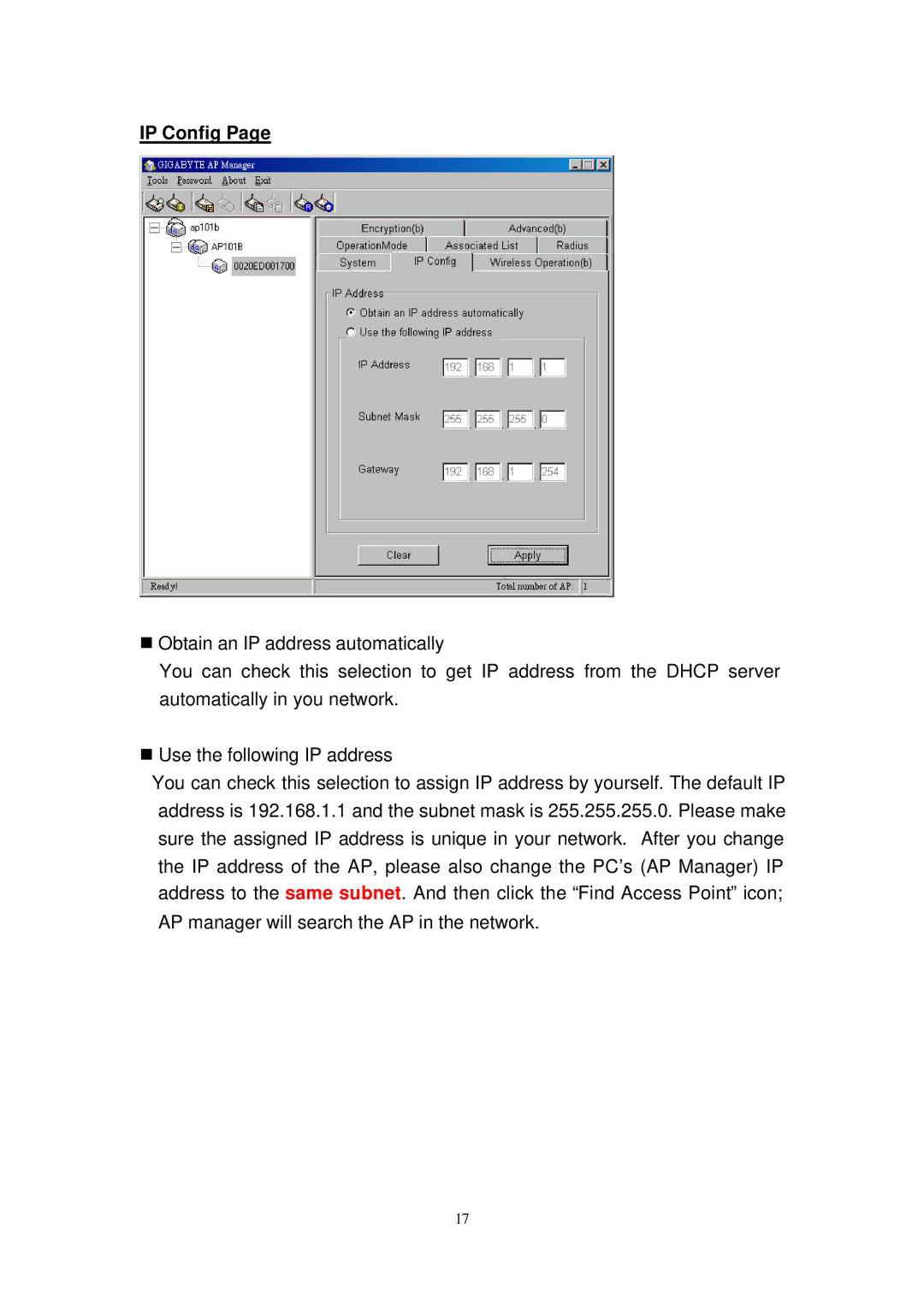 Gigabyte GN-AP101B manual IP Config 