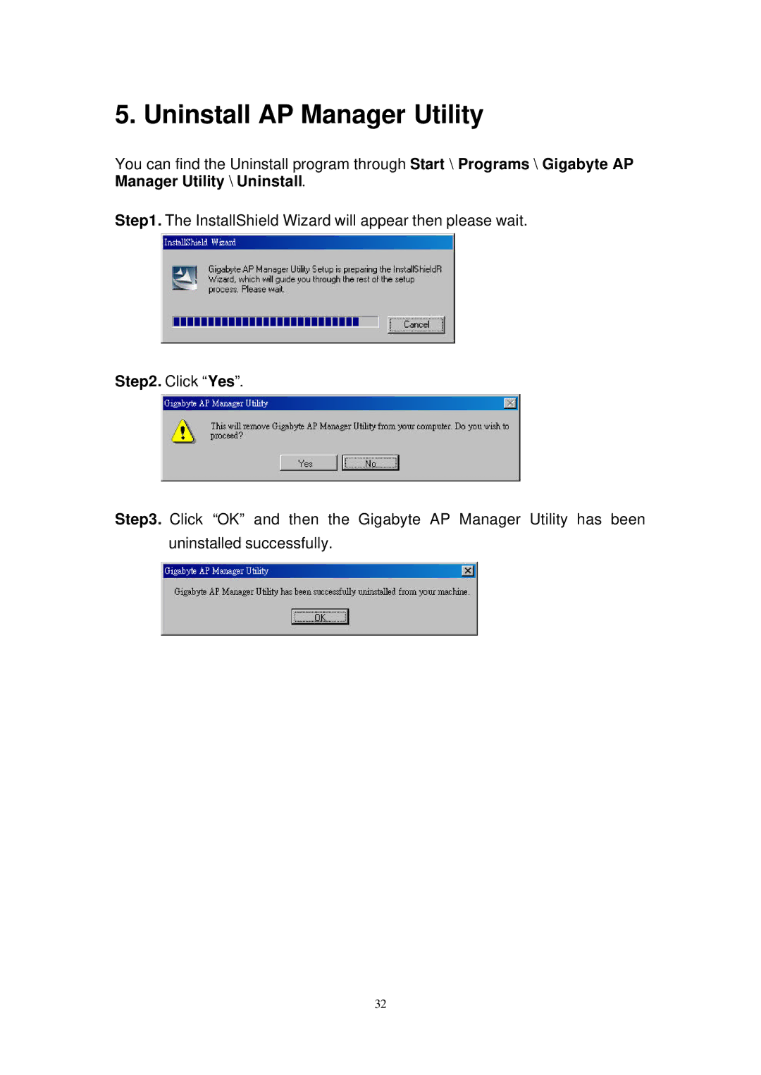 Gigabyte GN-AP101B manual Uninstall AP Manager Utility, Click Yes 