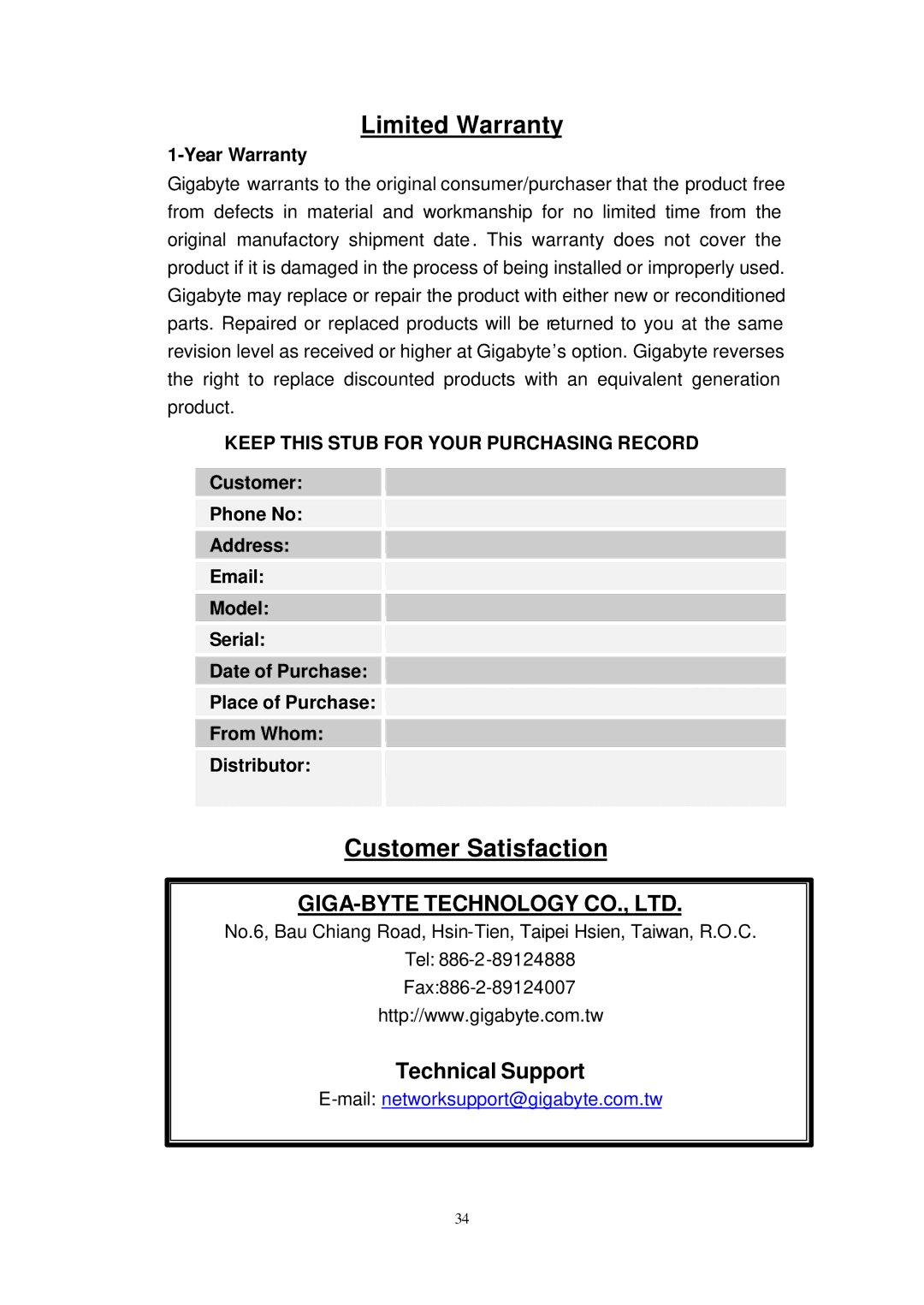 Gigabyte GN-AP101B manual Limited Warranty, Customer Satisfaction, Year Warranty 