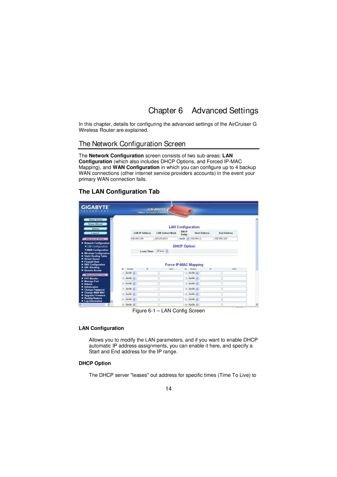 Gigabyte GN-BR01G manual Network Configuration Screen, LAN Configuration Tab, Dhcp Option 