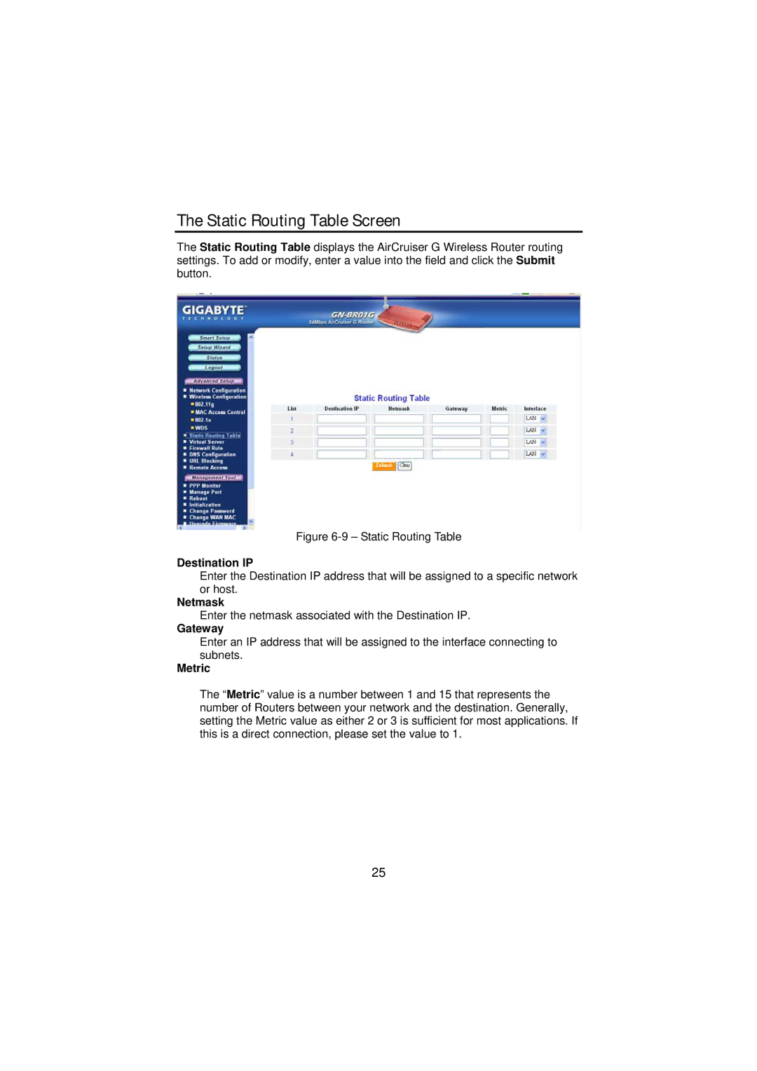 Gigabyte GN-BR01G manual Static Routing Table Screen, Destination IP, Netmask, Gateway, Metric 