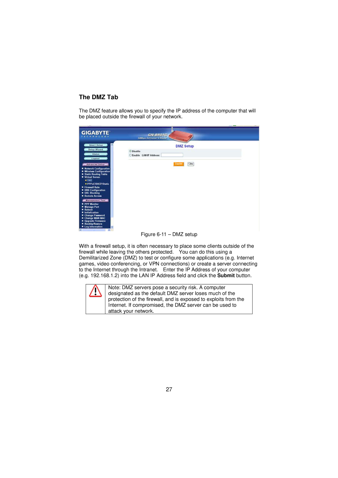 Gigabyte GN-BR01G manual DMZ Tab, DMZ setup 