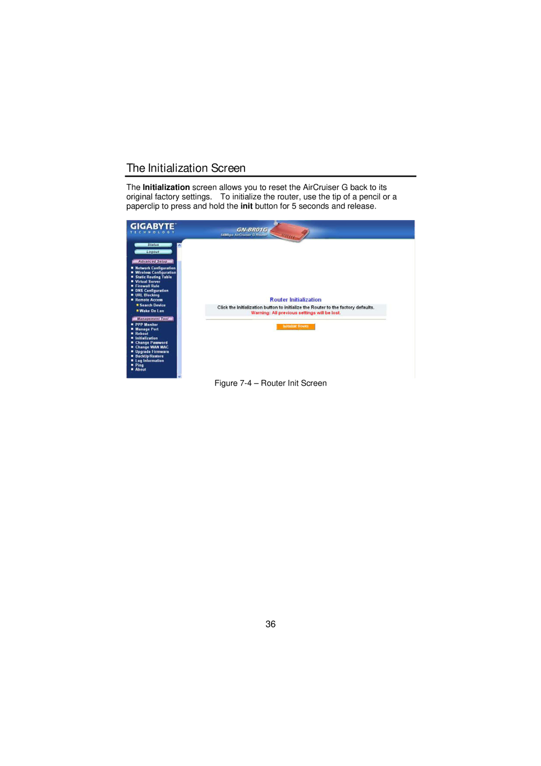 Gigabyte GN-BR01G manual Initialization Screen, Router Init Screen 