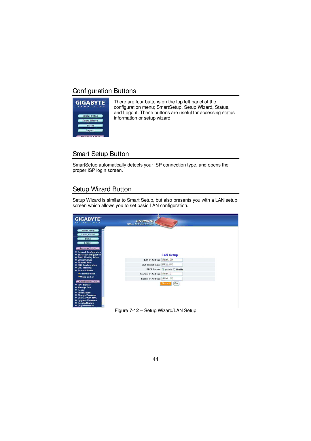 Gigabyte GN-BR01G manual Configuration Buttons, Smart Setup Button, Setup Wizard Button 