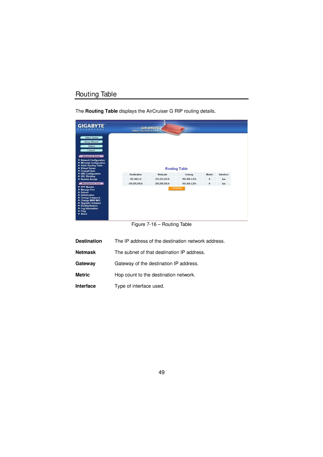 Gigabyte GN-BR01G manual Routing Table, Destination, Interface 