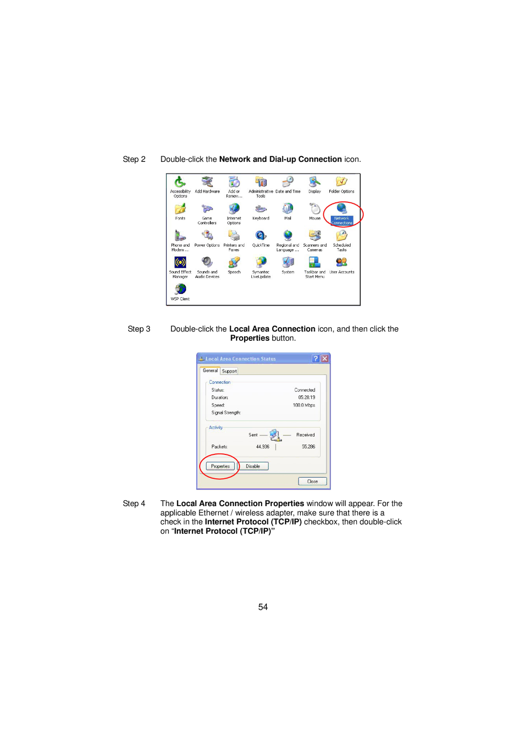 Gigabyte GN-BR01G manual Double-click the Network and Dial-up Connection icon, Properties button 