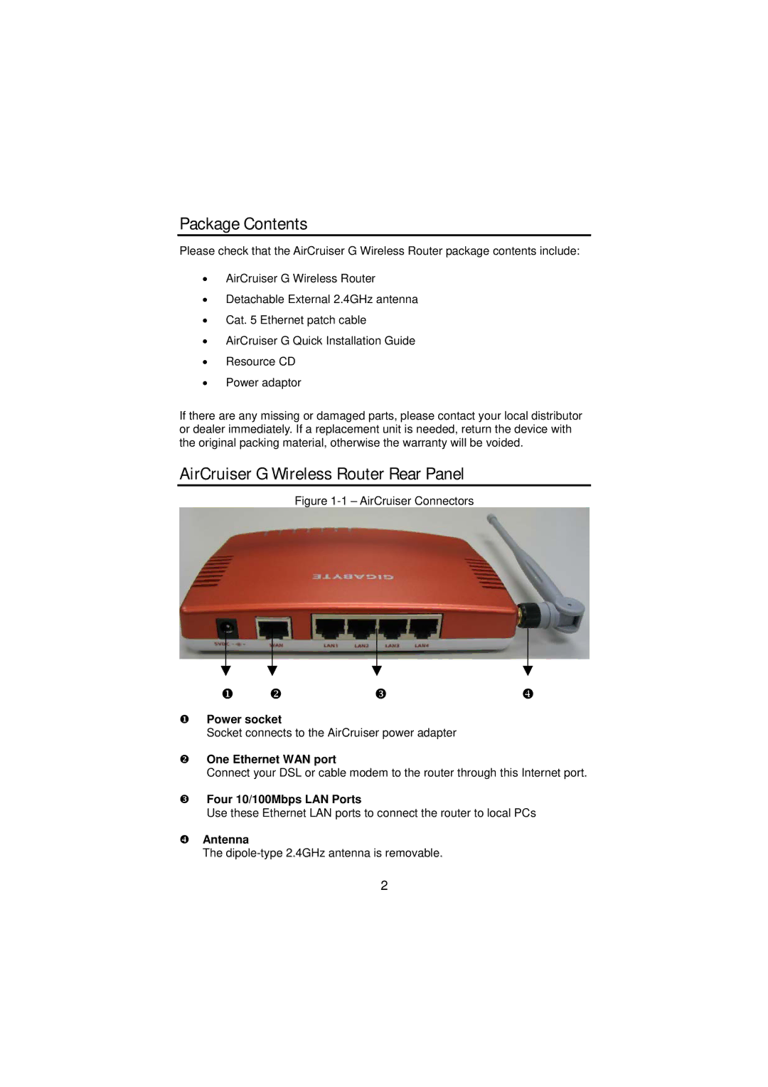 Gigabyte GN-BR01G manual Package Contents, AirCruiser G Wireless Router Rear Panel 