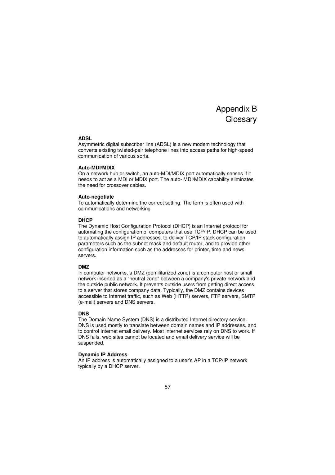 Gigabyte GN-BR01G manual Appendix B Glossary, Auto-MDI/MDIX, Auto-negotiate 