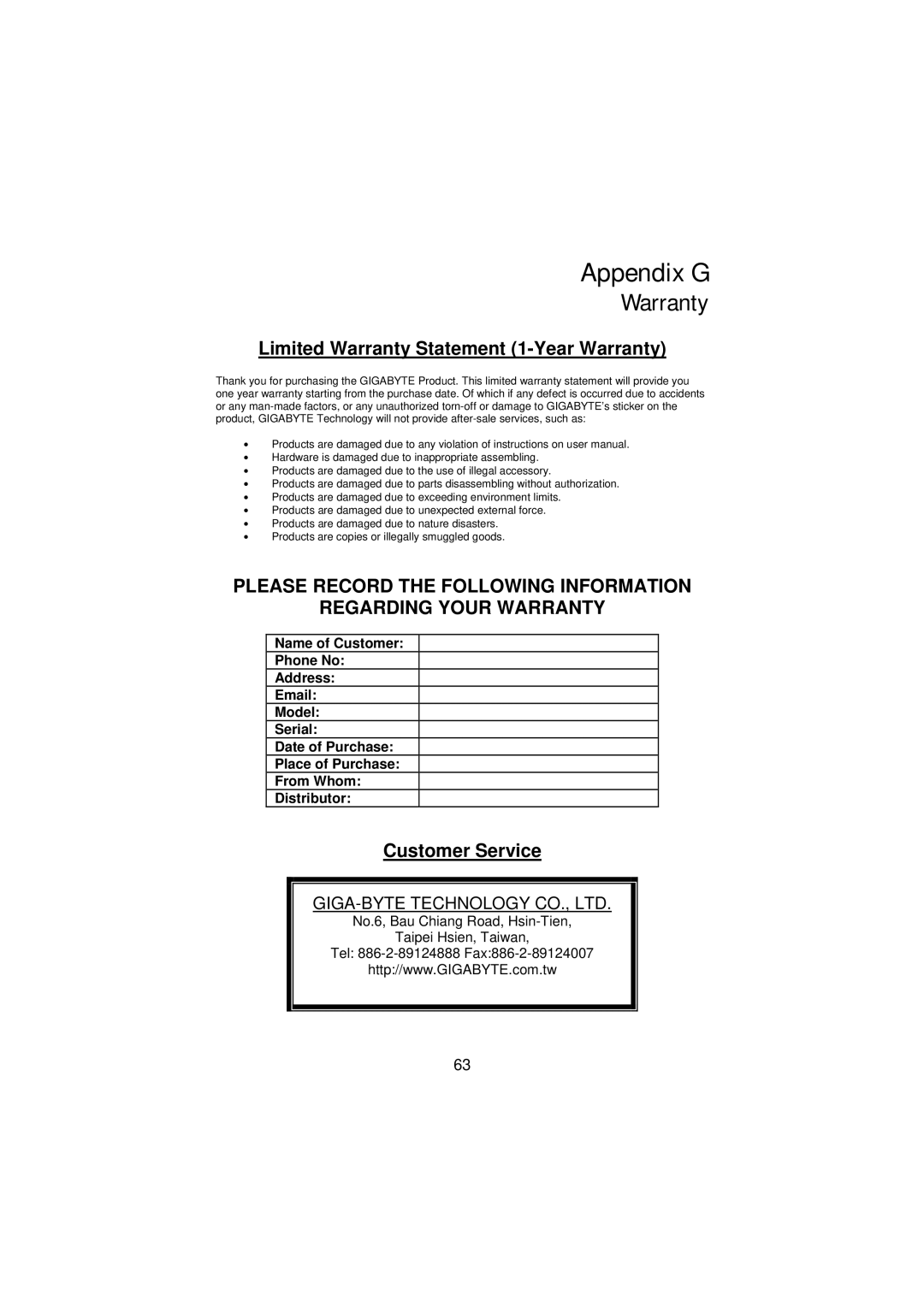 Gigabyte GN-BR01G manual Appendix G, Warranty 