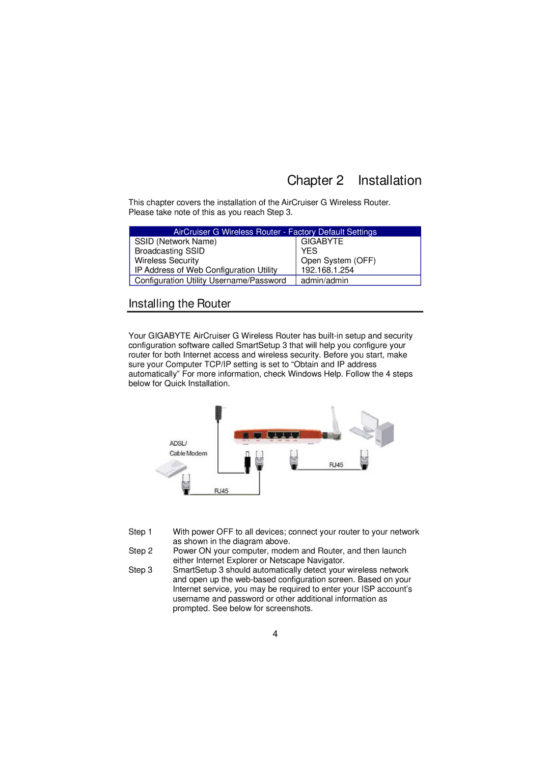 Gigabyte GN-BR01G manual Installation, Installing the Router 