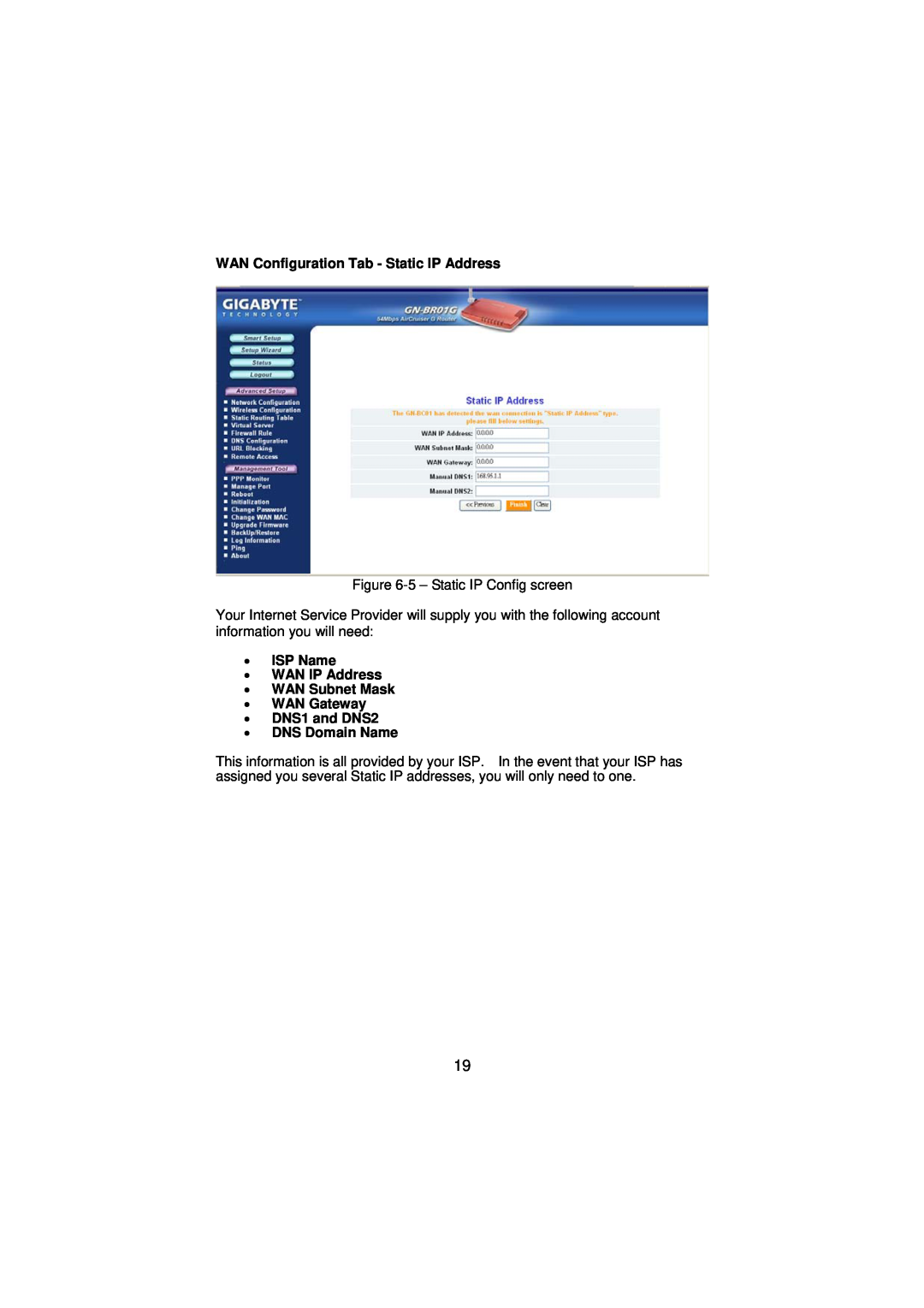 Gigabyte GN-BR01G manual WAN Configuration Tab - Static IP Address, DNS Domain Name 