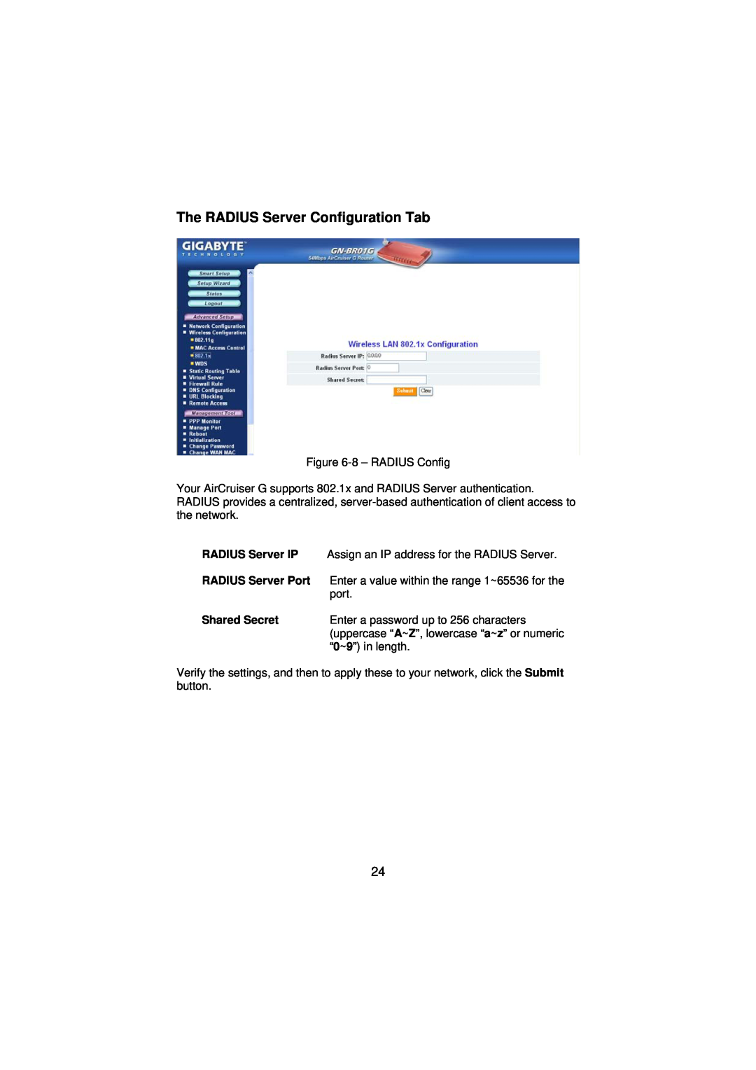 Gigabyte GN-BR01G manual The RADIUS Server Configuration Tab, Shared Secret 
