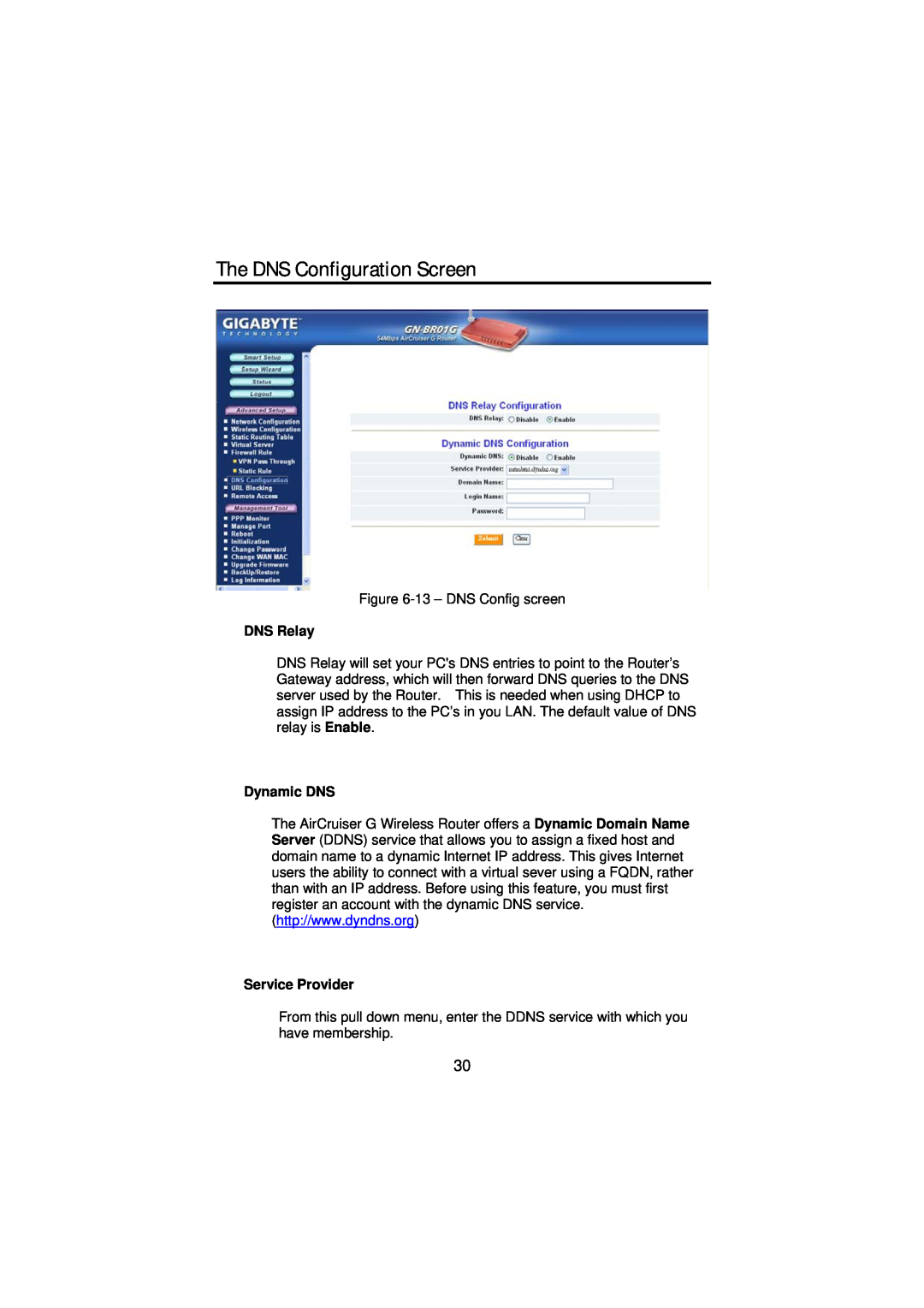 Gigabyte GN-BR01G manual The DNS Configuration Screen, DNS Relay, Dynamic DNS, Service Provider 