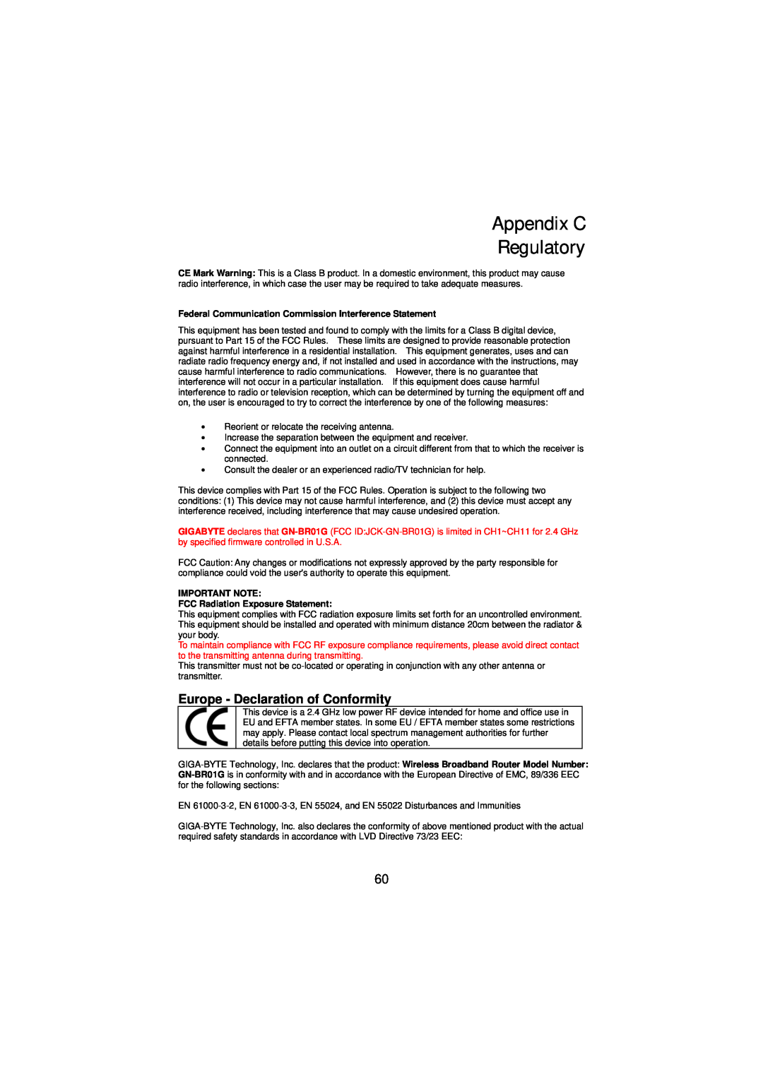 Gigabyte GN-BR01G manual Appendix C Regulatory, Europe - Declaration of Conformity 