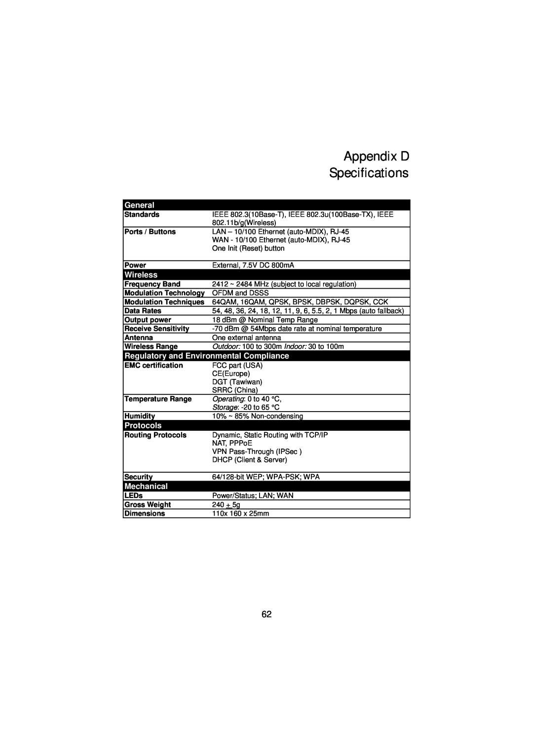 Gigabyte GN-BR01G manual Appendix D, Specifications, General, Wireless, Regulatory and Environmental Compliance, Protocols 