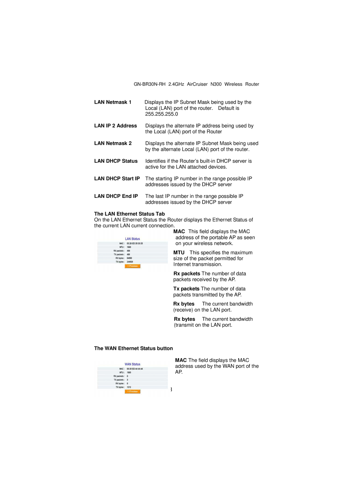 Gigabyte GN-BR30N-RH manual LAN Ethernet Status Tab, WAN Ethernet Status button 