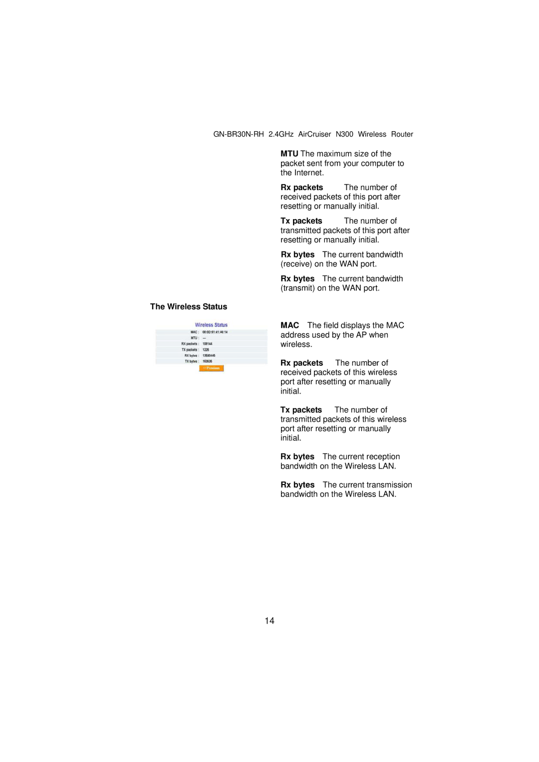 Gigabyte GN-BR30N-RH manual Tx packets, Wireless Status 