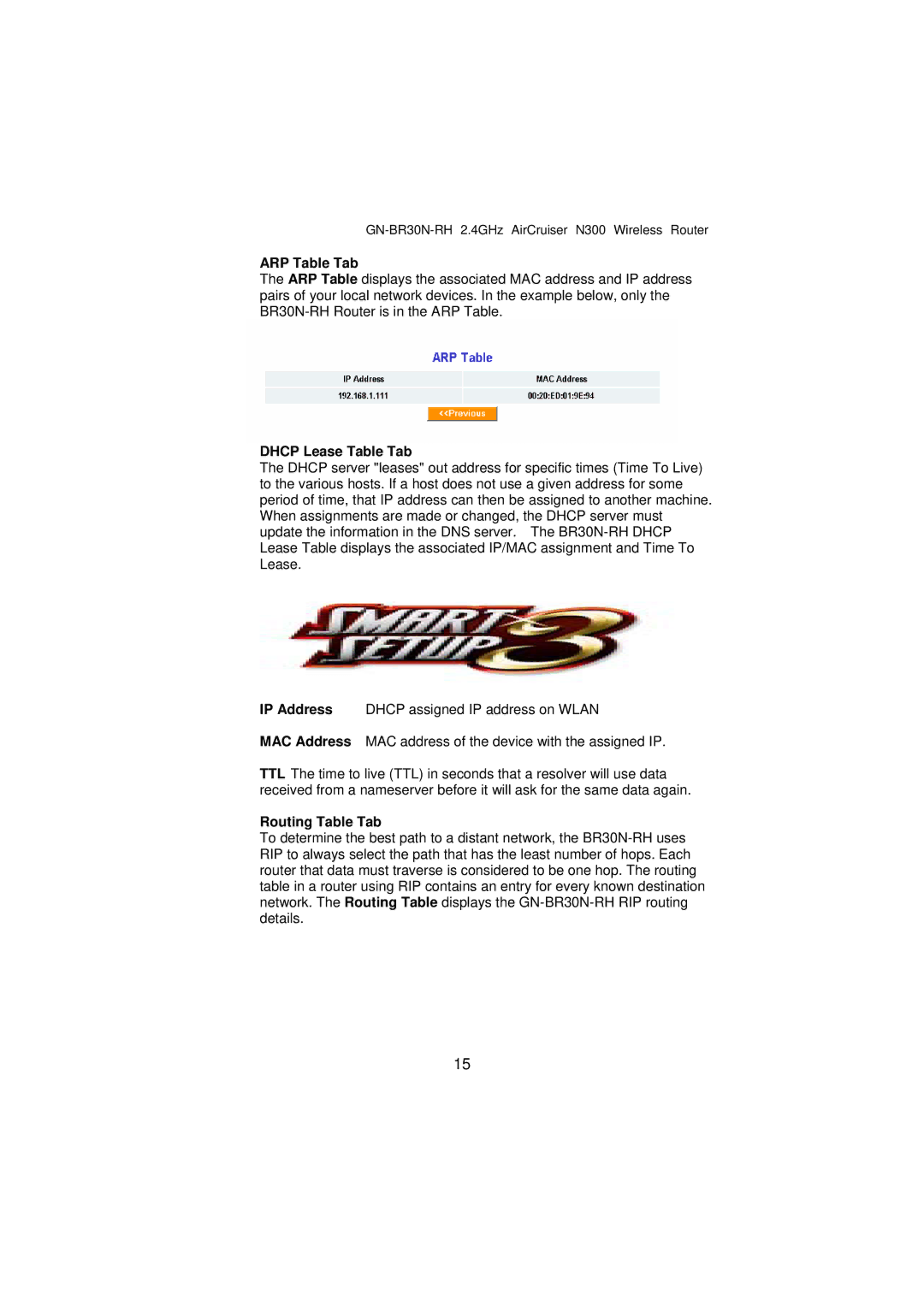 Gigabyte GN-BR30N-RH manual ARP Table Tab, Dhcp Lease Table Tab, Routing Table Tab 