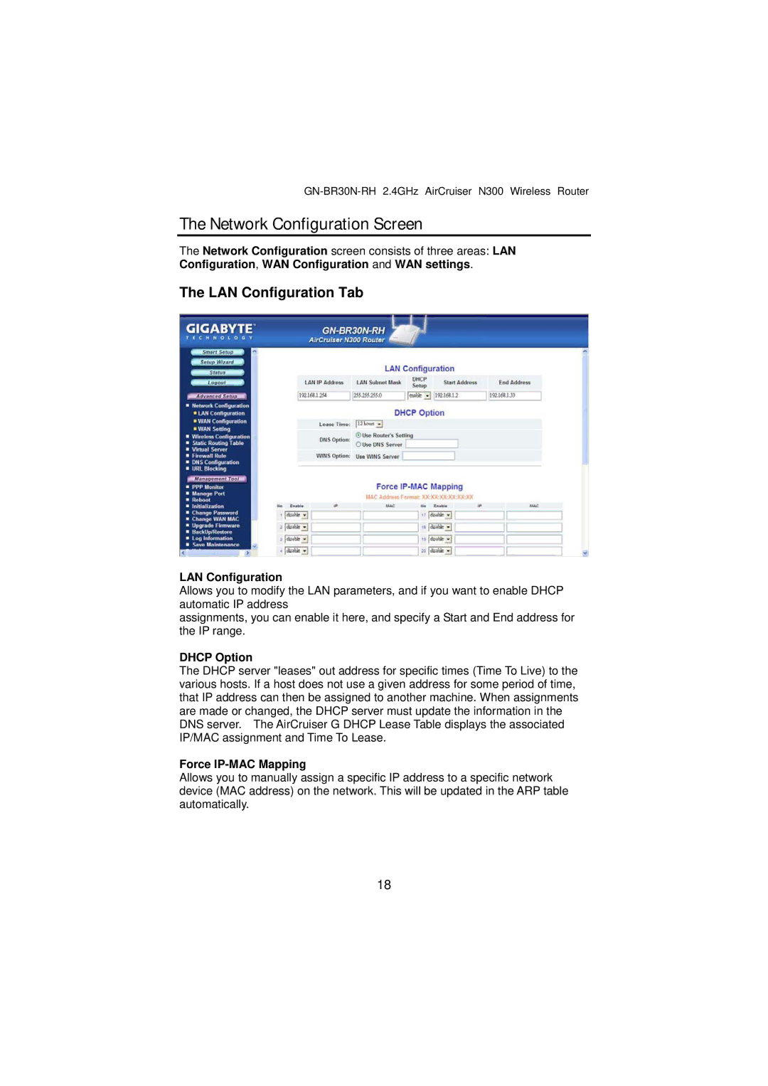 Gigabyte GN-BR30N-RH manual Network Configuration Screen, LAN Configuration Tab, Dhcp Option, Force IP-MAC Mapping 