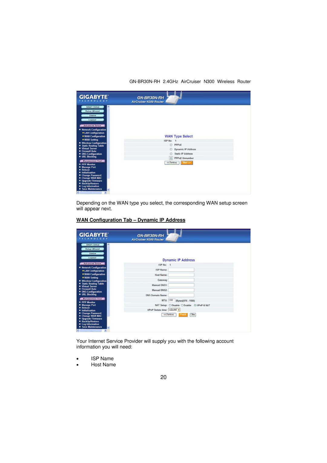 Gigabyte GN-BR30N-RH manual WAN Configuration Tab Dynamic IP Address 