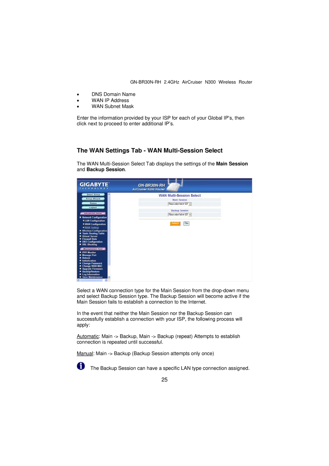 Gigabyte GN-BR30N-RH manual WAN Settings Tab WAN Multi-Session Select 