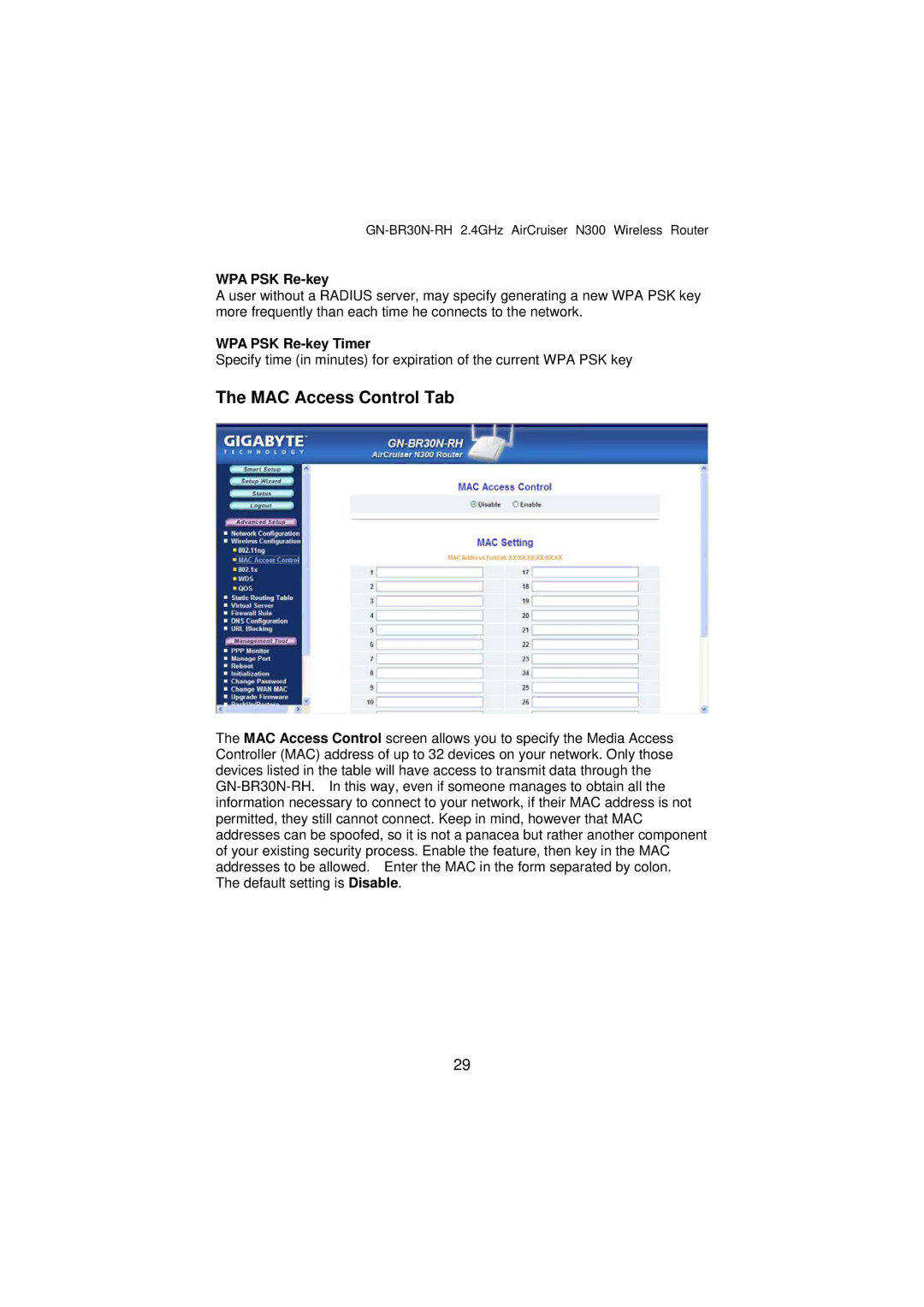 Gigabyte GN-BR30N-RH manual MAC Access Control Tab, WPA PSK Re-key Timer 