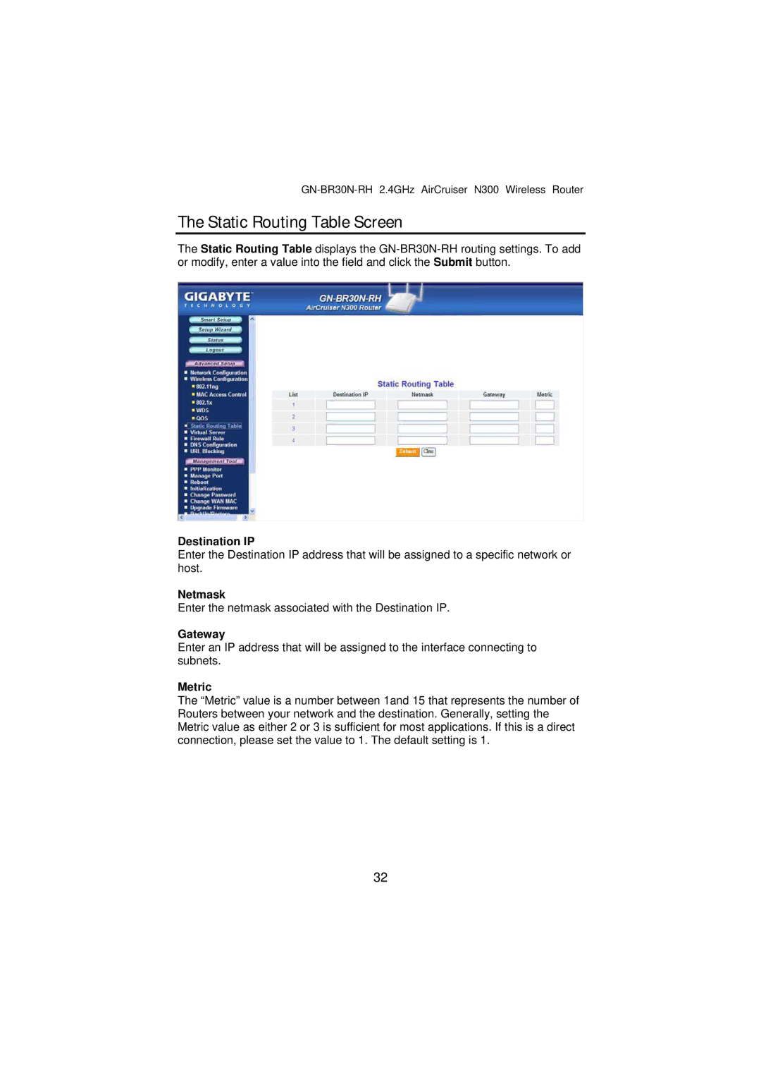 Gigabyte GN-BR30N-RH manual Static Routing Table Screen, Destination IP, Netmask, Gateway, Metric 