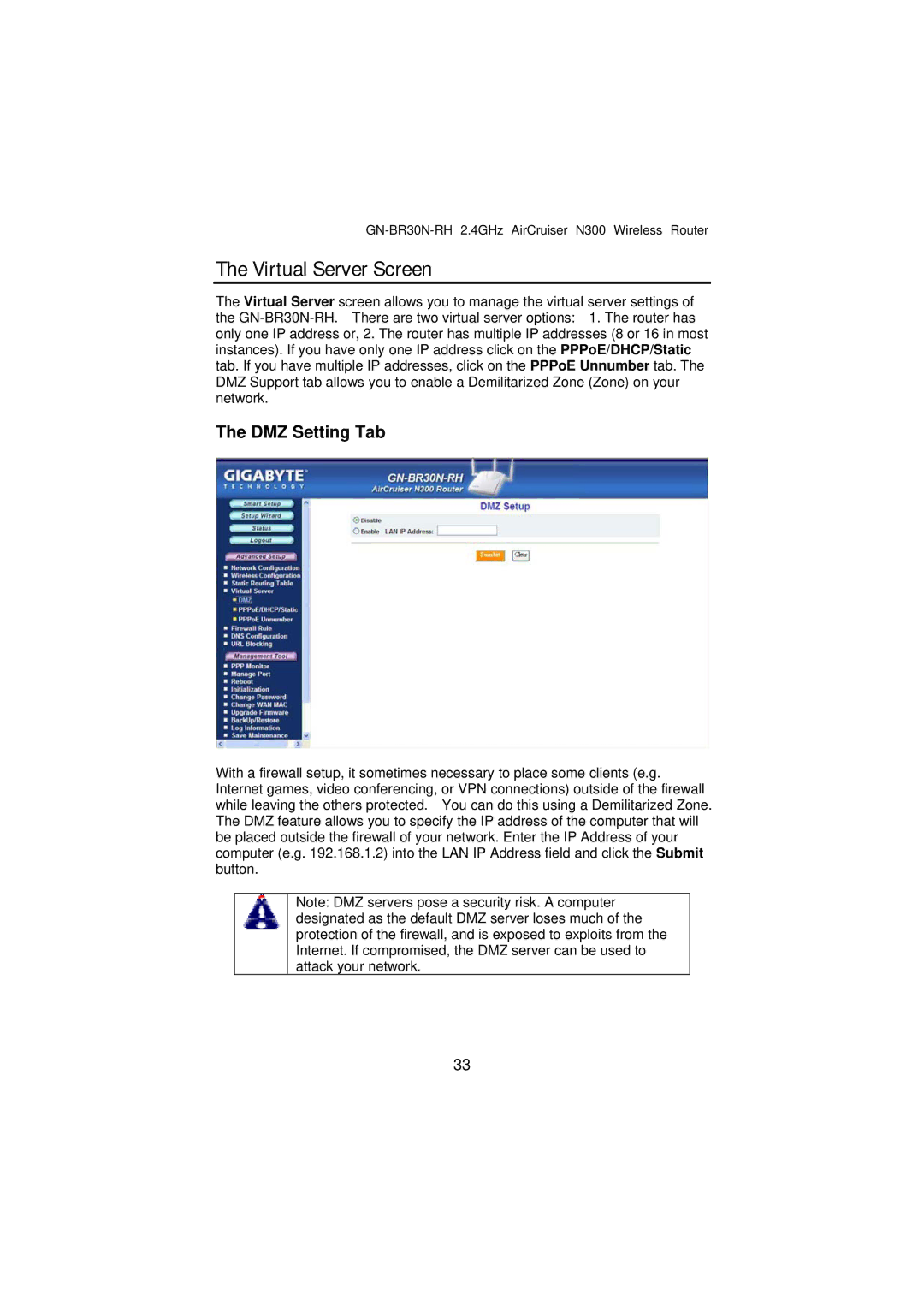 Gigabyte GN-BR30N-RH manual Virtual Server Screen, DMZ Setting Tab 