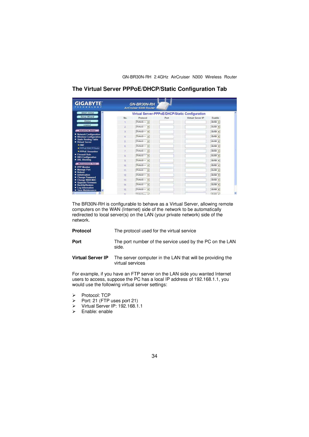 Gigabyte GN-BR30N-RH manual Virtual Server PPPoE/DHCP/Static Configuration Tab, Side 