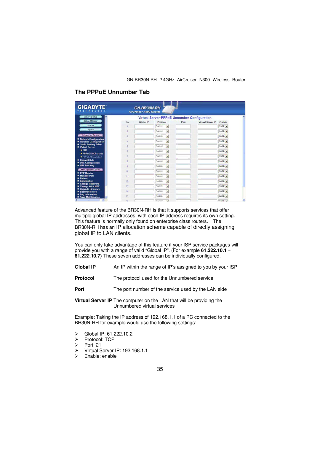 Gigabyte GN-BR30N-RH manual PPPoE Unnumber Tab, Global IP 