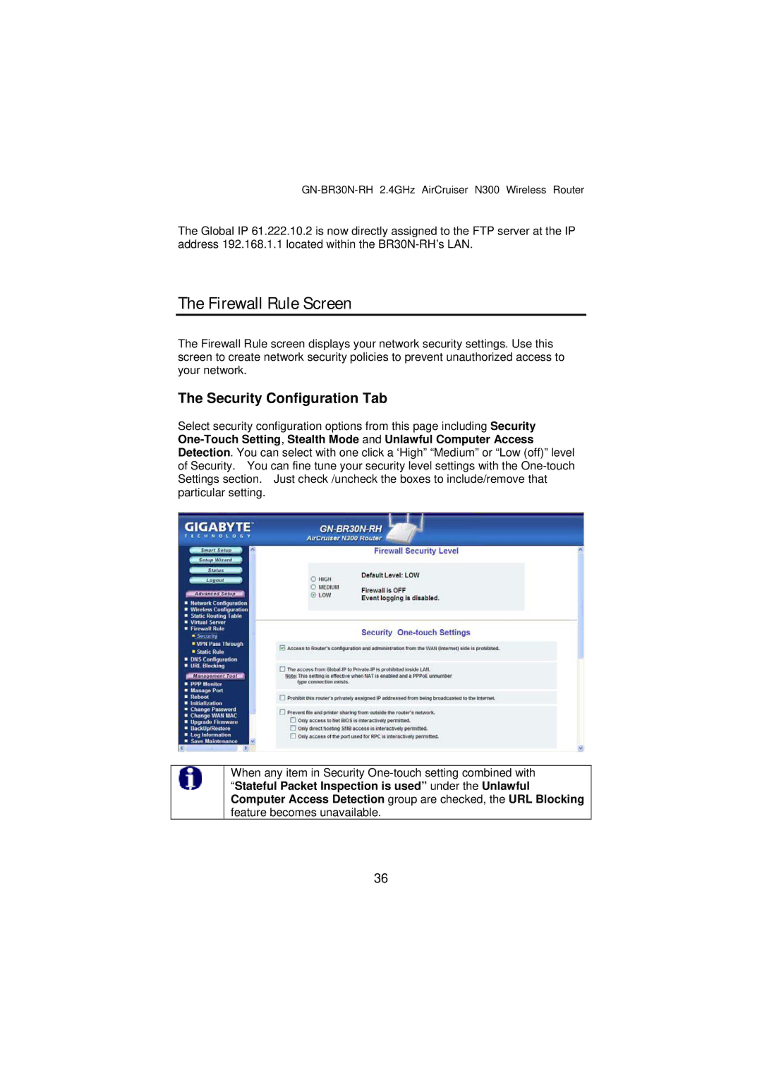 Gigabyte GN-BR30N-RH manual Firewall Rule Screen, Security Configuration Tab 