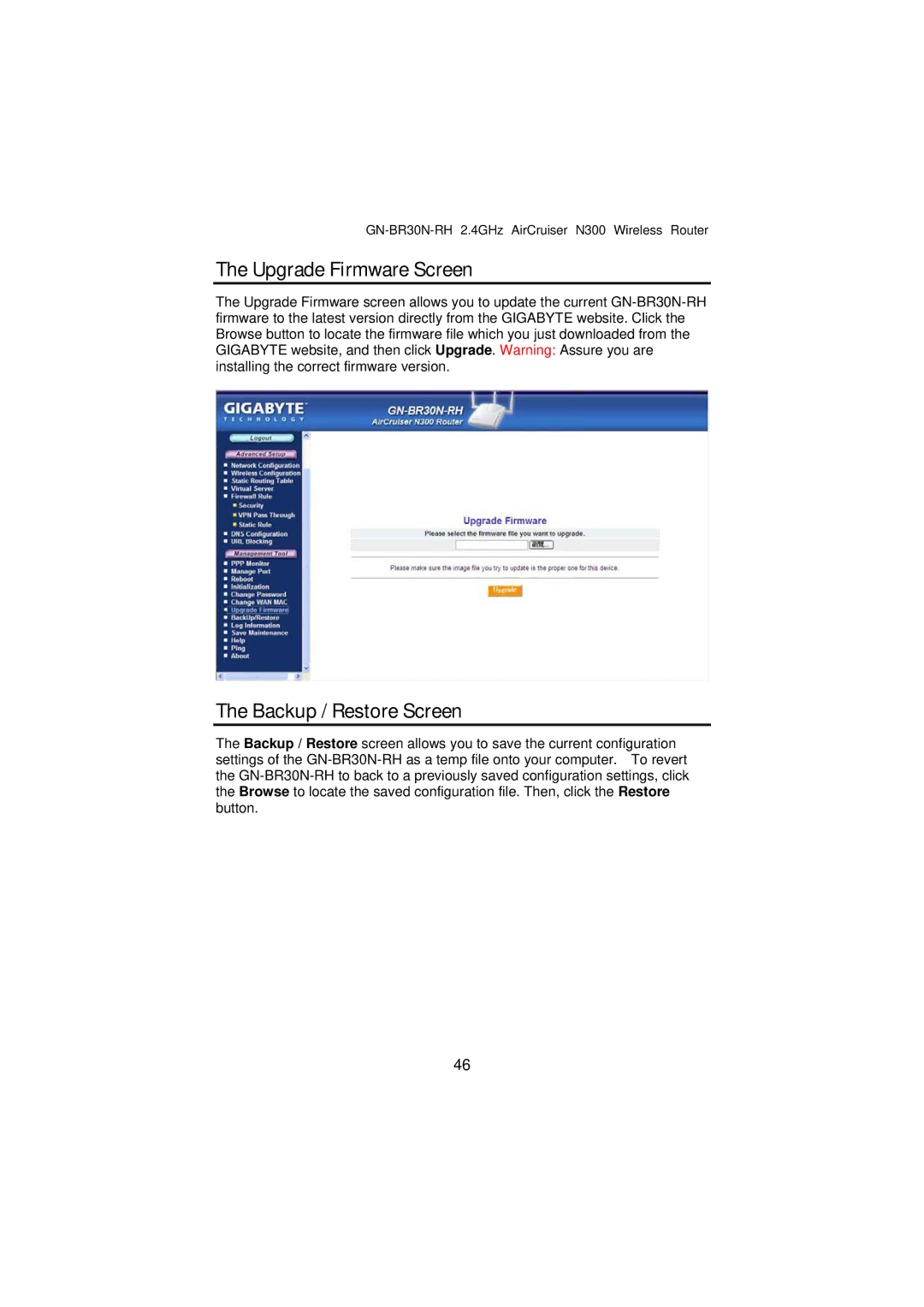 Gigabyte GN-BR30N-RH manual Upgrade Firmware Screen, Backup / Restore Screen 