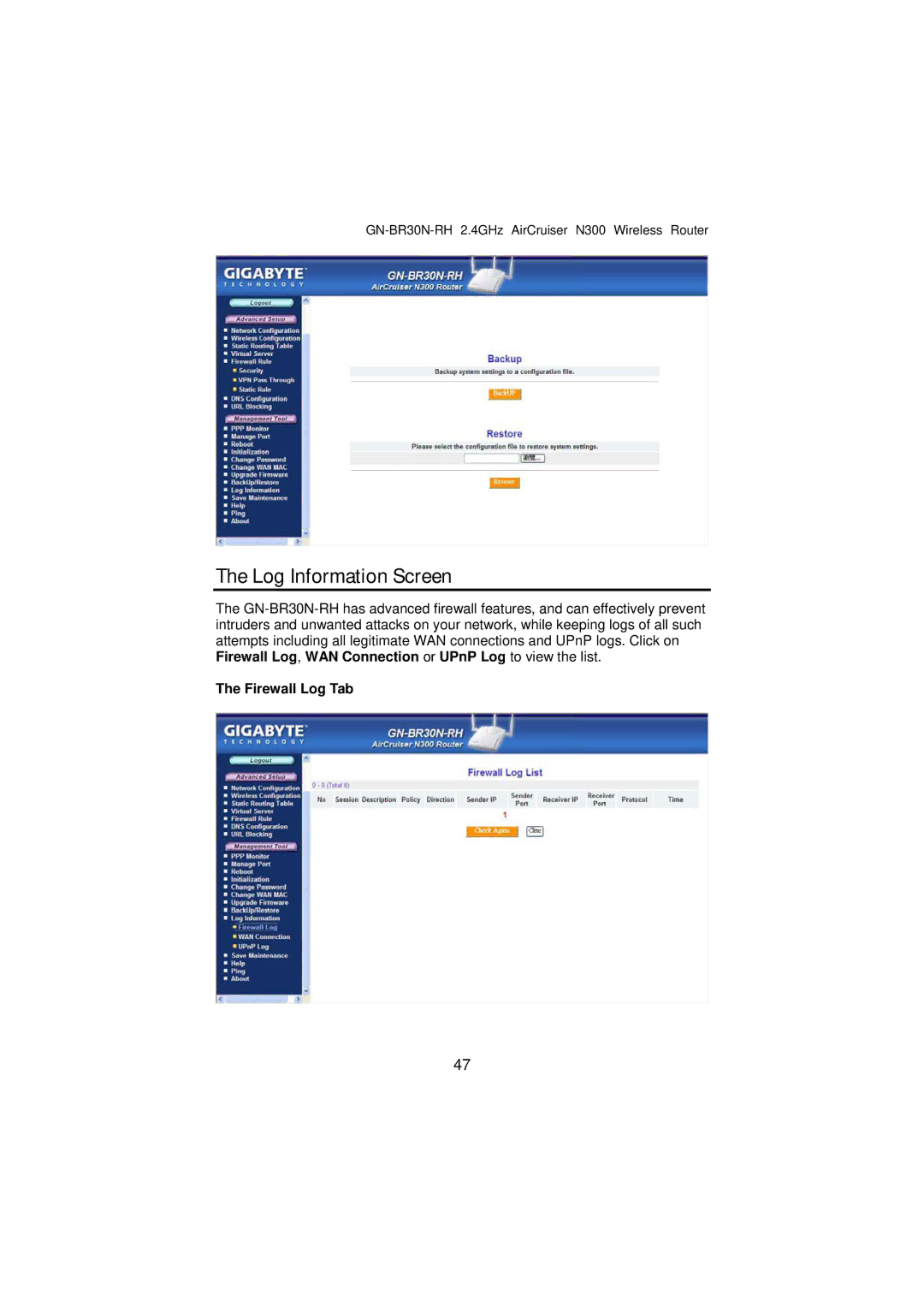 Gigabyte GN-BR30N-RH manual Log Information Screen, Firewall Log Tab 