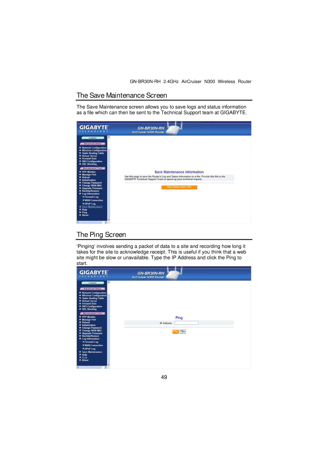Gigabyte GN-BR30N-RH manual Save Maintenance Screen, Ping Screen 