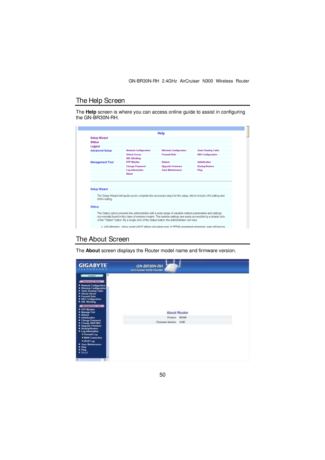 Gigabyte GN-BR30N-RH manual Help Screen, About Screen 