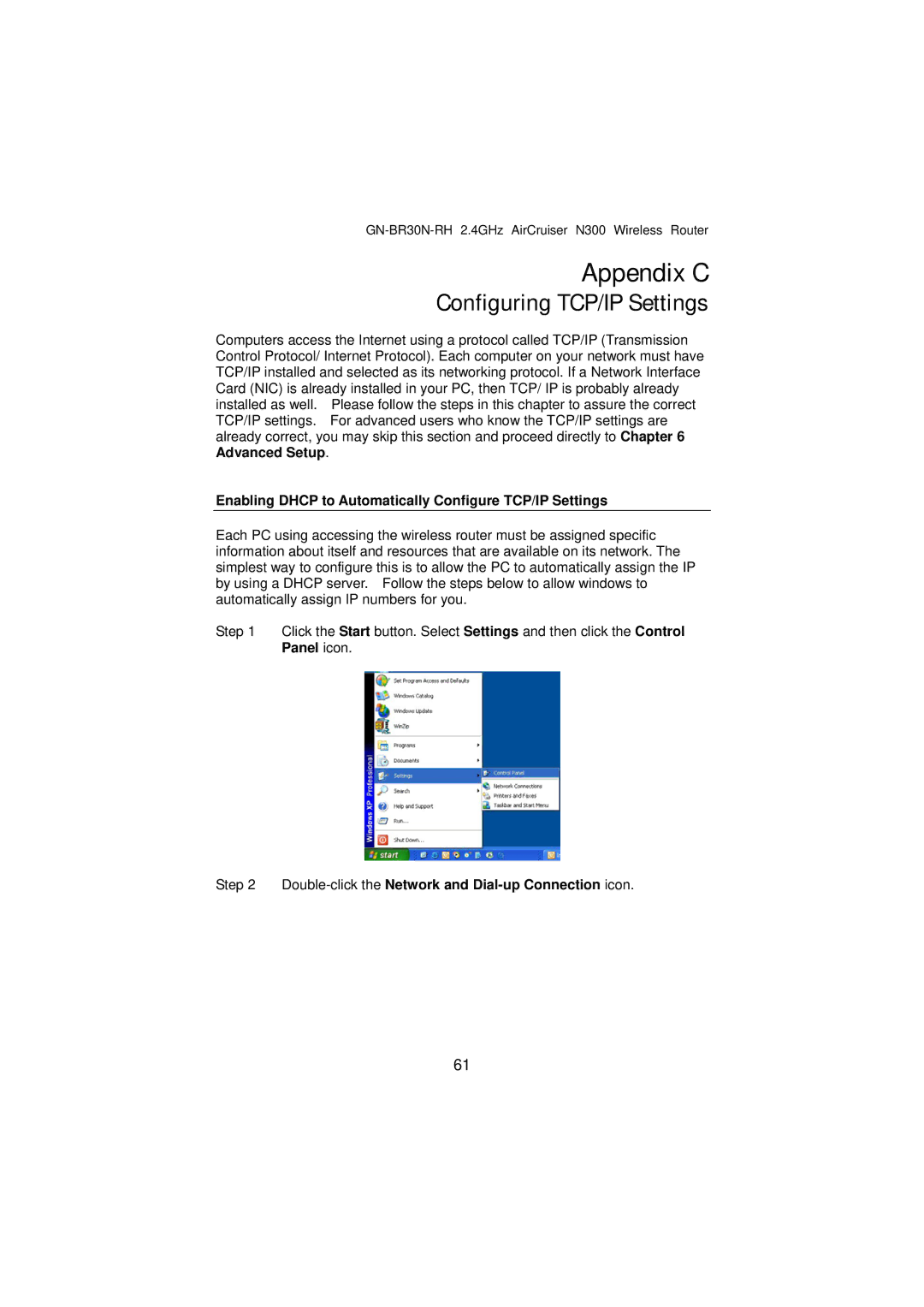 Gigabyte GN-BR30N-RH Appendix C, Configuring TCP/IP Settings, Enabling Dhcp to Automatically Configure TCP/IP Settings 