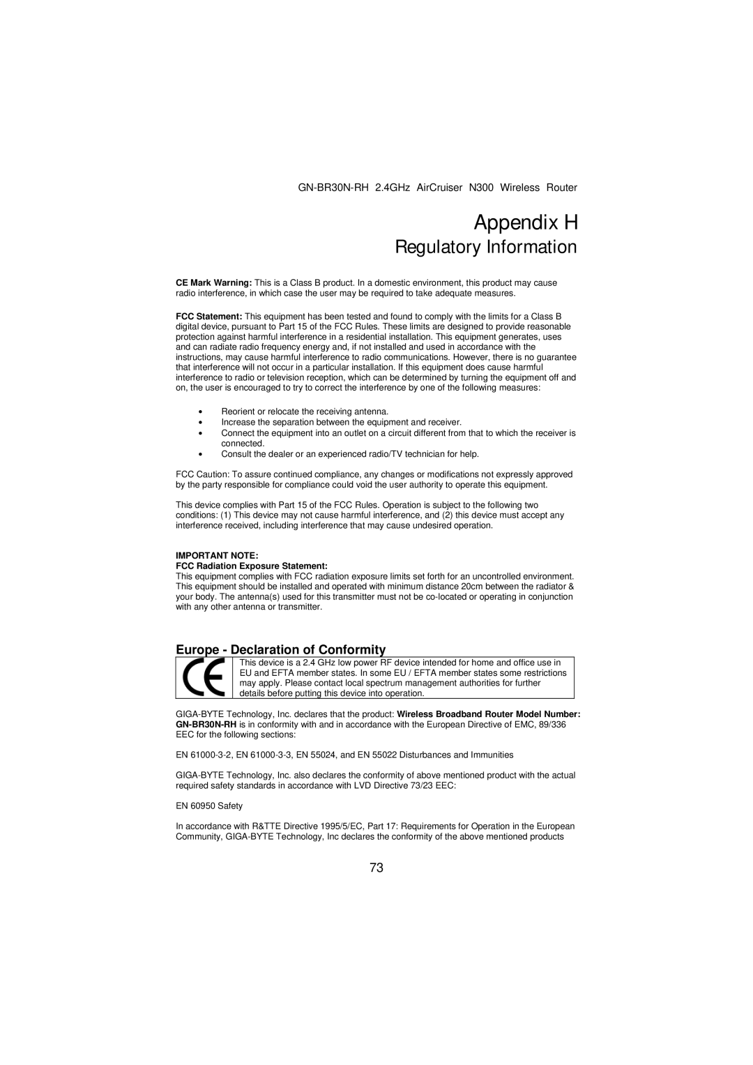 Gigabyte GN-BR30N-RH manual Appendix H, Regulatory Information 