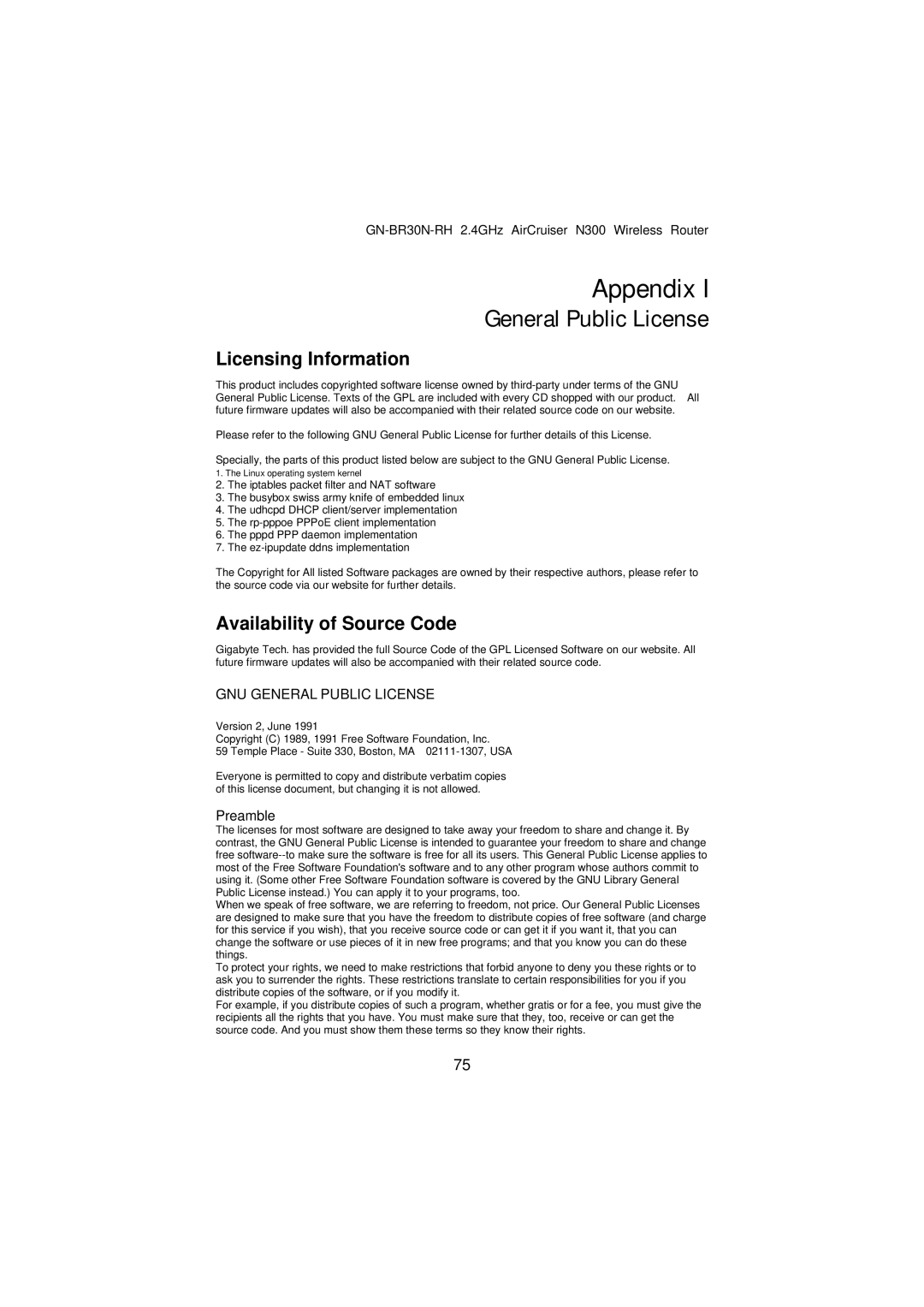 Gigabyte GN-BR30N-RH manual Appendix, General Public License 