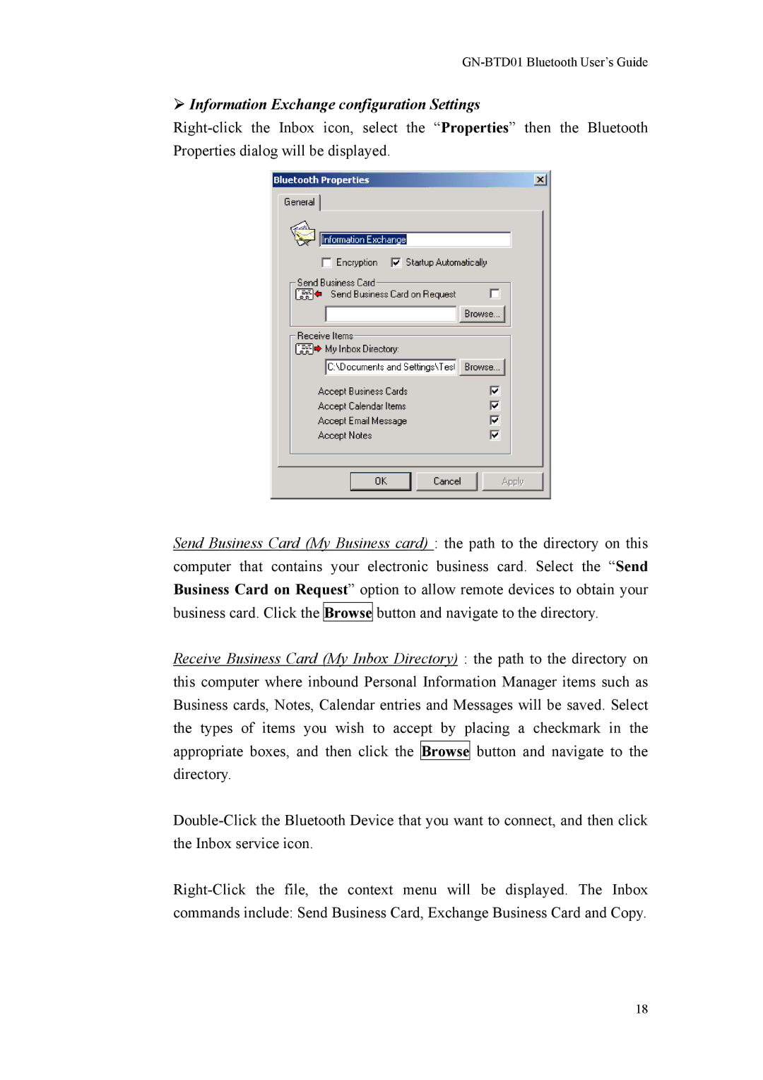 Gigabyte GN-BTD01 manual Information Exchange configuration Settings 