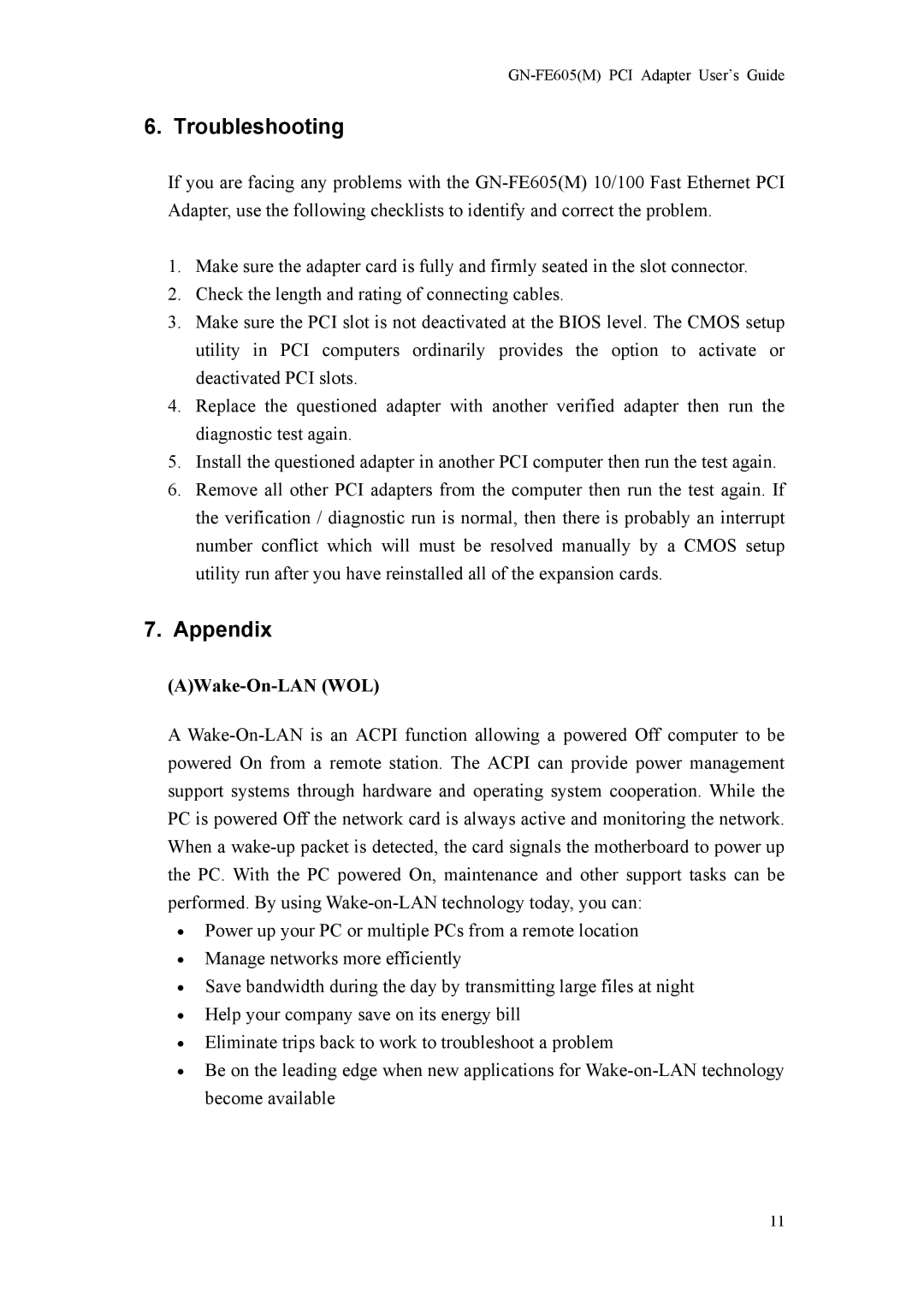 Gigabyte GN-FE605 manual Troubleshooting, Appendix, AWake-On-LAN WOL 