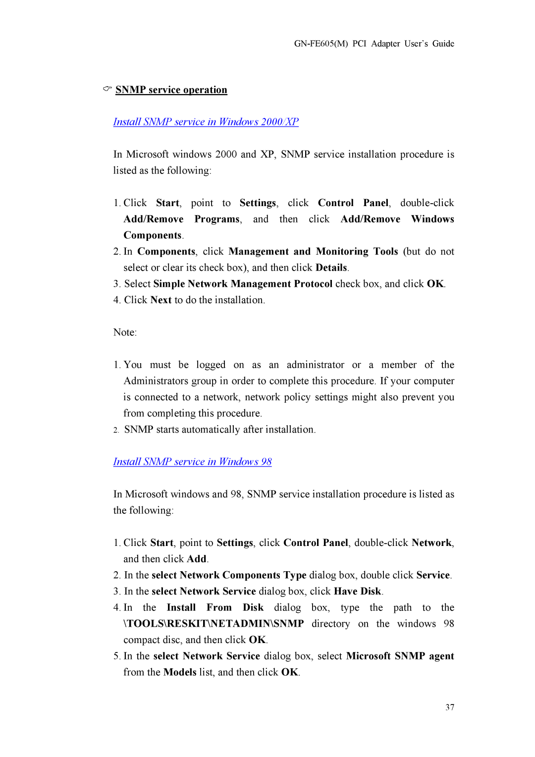 Gigabyte GN-FE605 manual Snmp service operation, Install Snmp service in Windows 2000/XP 