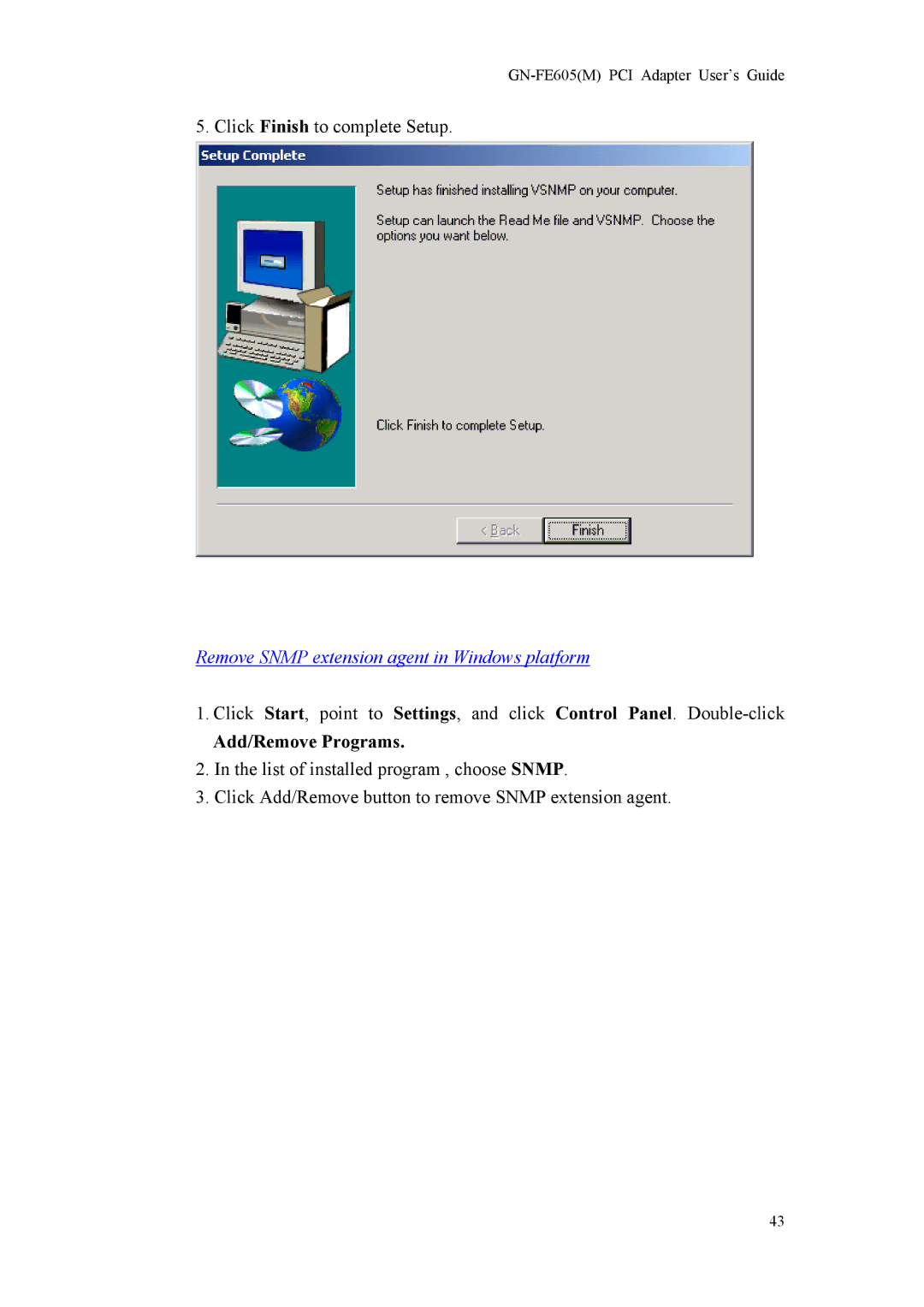 Gigabyte GN-FE605 manual Remove Snmp extension agent in Windows platform, Add/Remove Programs 