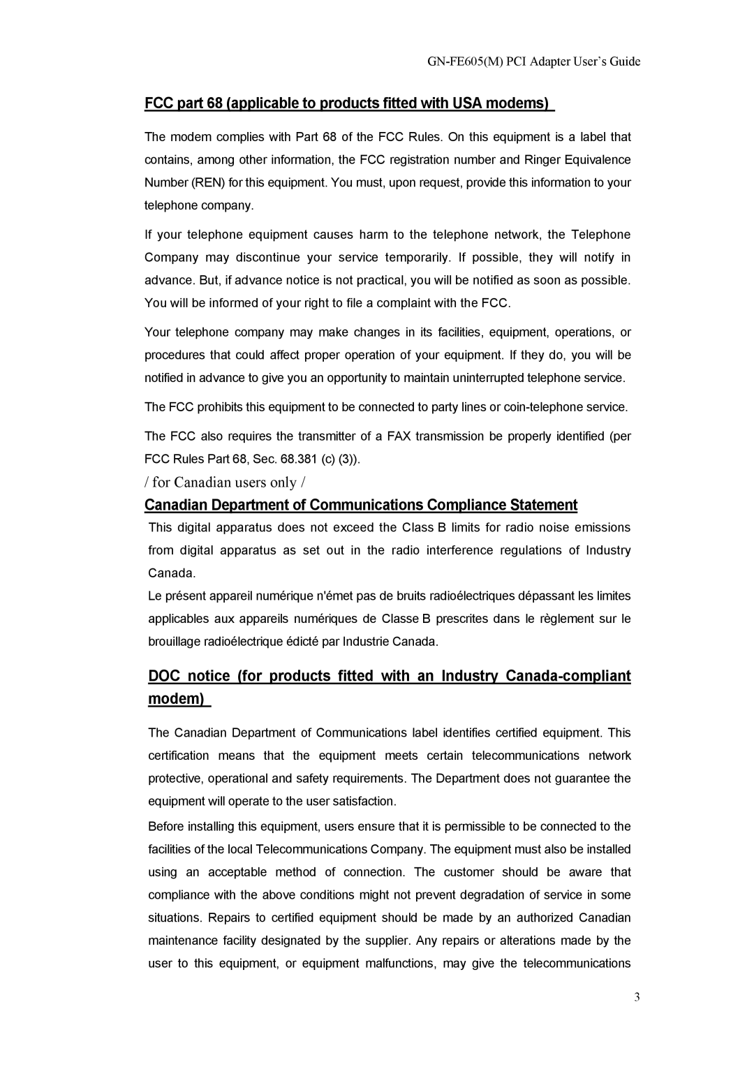 Gigabyte GN-FE605 manual FCC part 68 applicable to products fitted with USA modems 