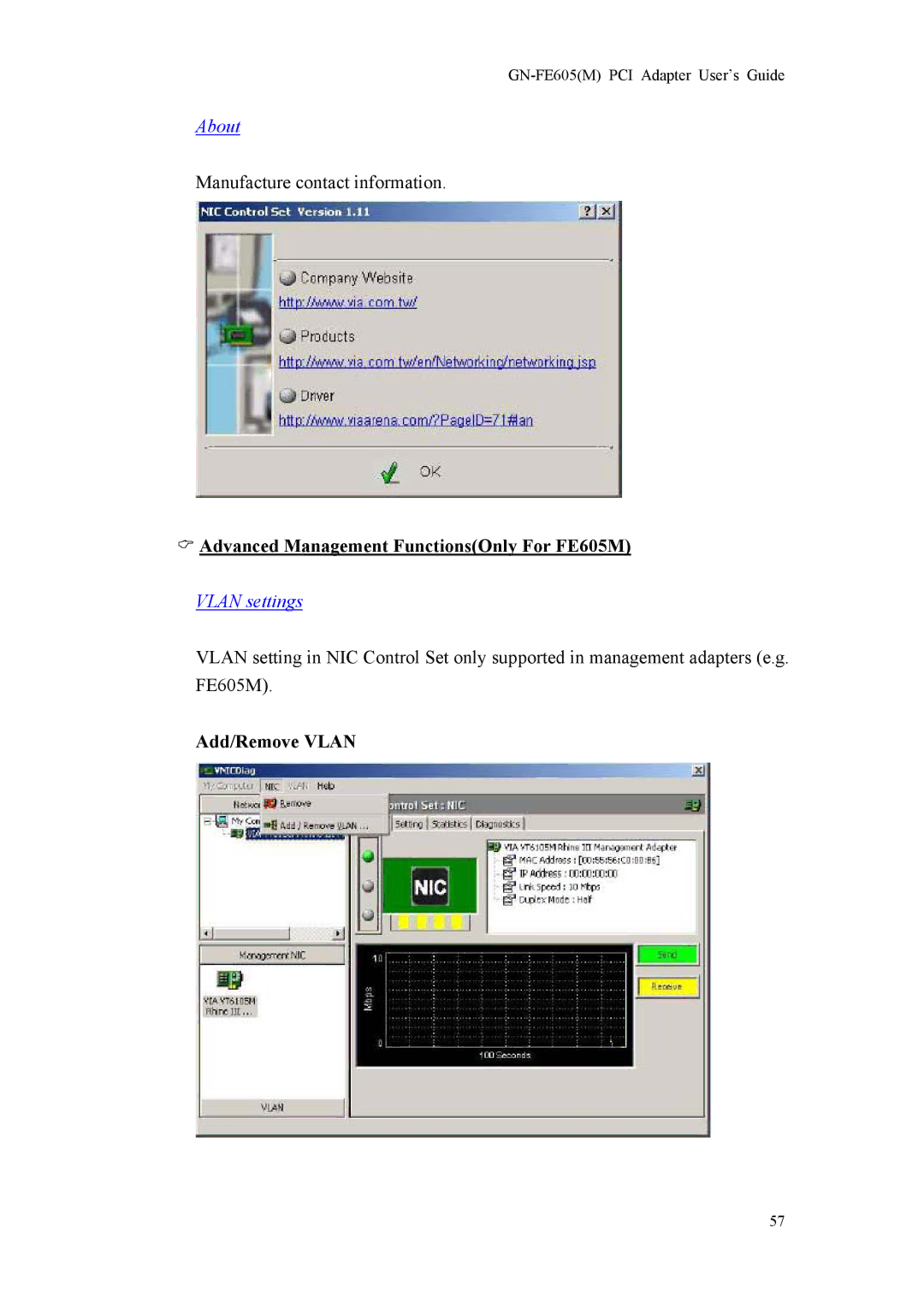 Gigabyte GN-FE605 manual About, Advanced Management FunctionsOnly For FE605M, Vlan settings, Add/Remove Vlan 