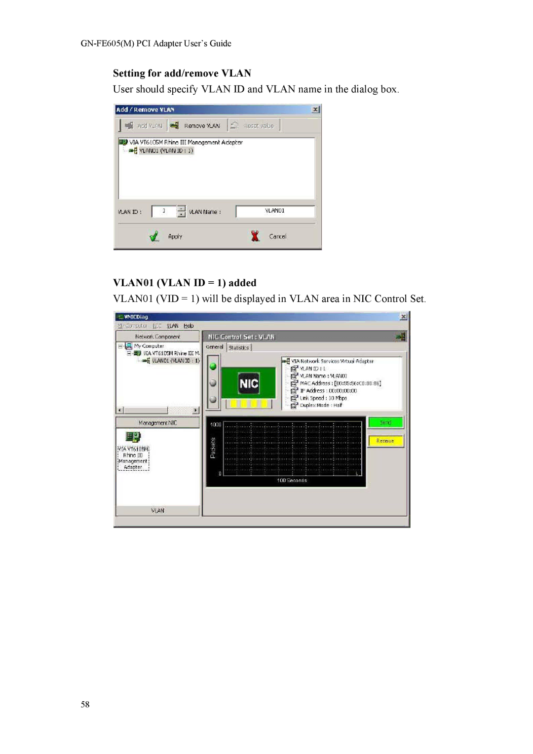 Gigabyte GN-FE605 manual Setting for add/remove Vlan, VLAN01 Vlan ID = 1 added 