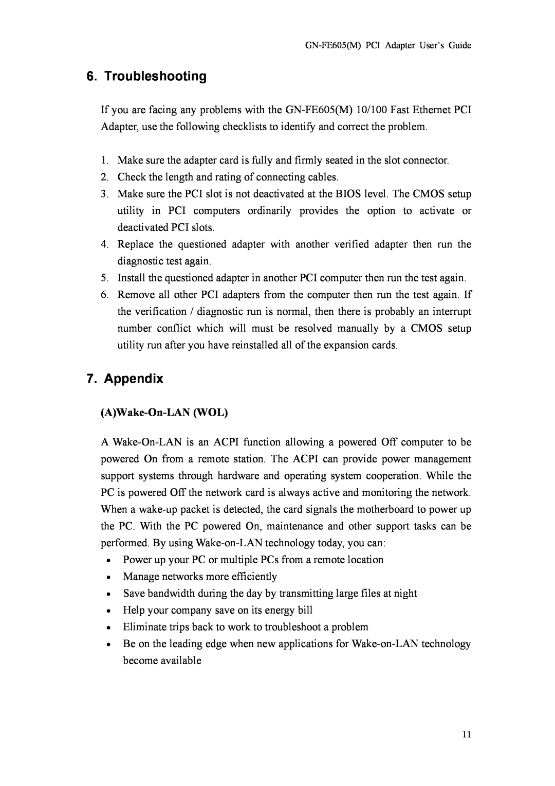 Gigabyte GN-FE605(M) manual Troubleshooting, Appendix, AWake-On-LAN WOL 