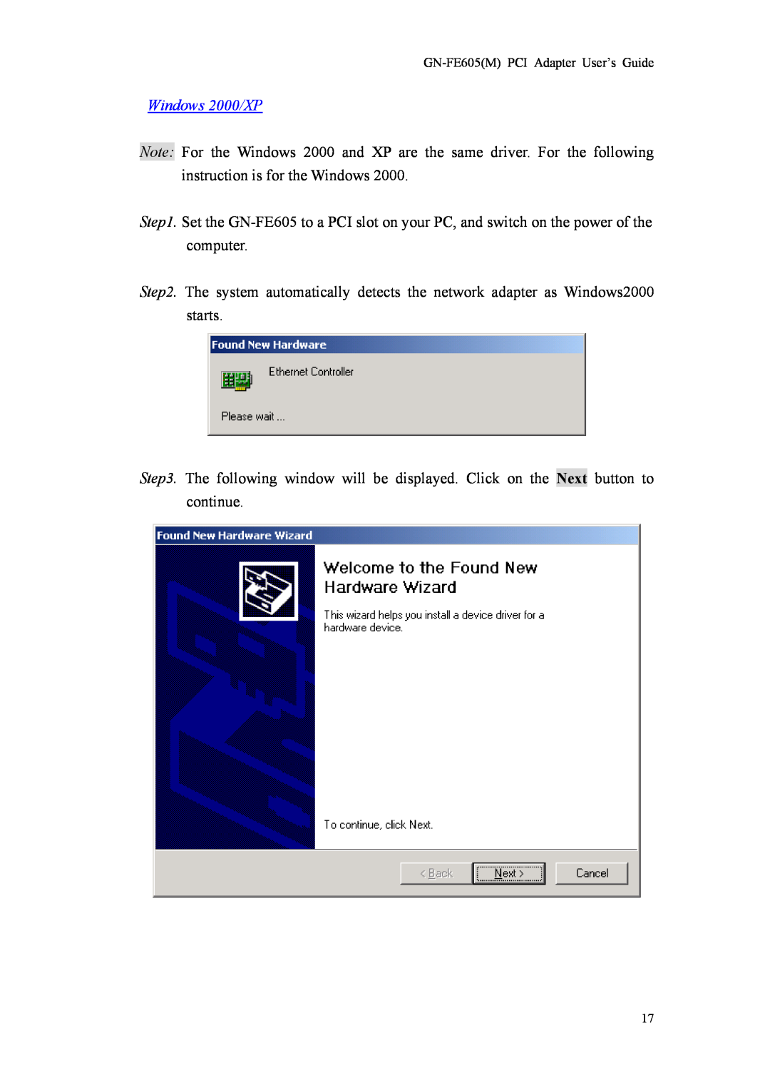 Gigabyte GN-FE605(M) manual Windows 2000/XP 