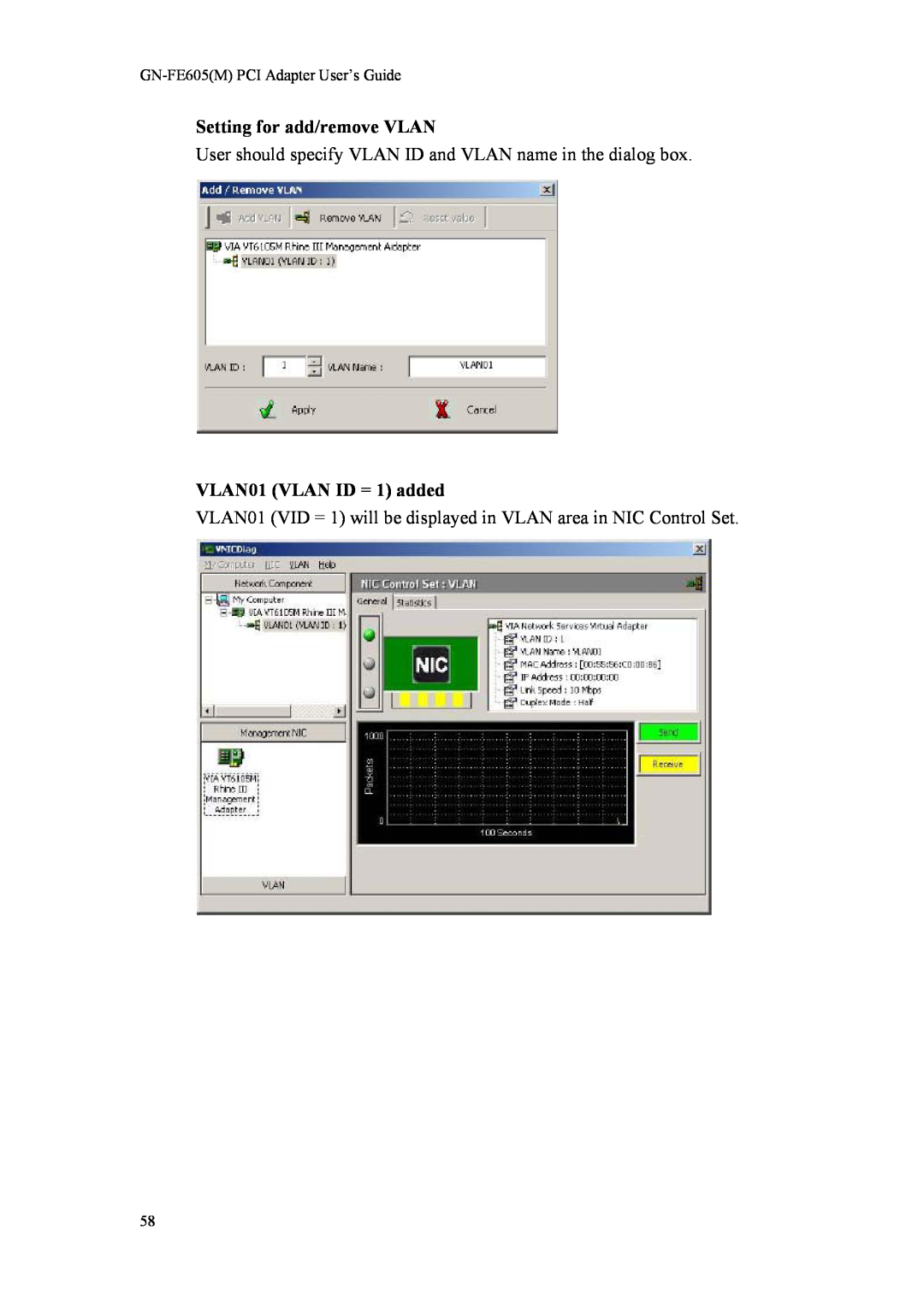 Gigabyte GN-FE605(M) manual Setting for add/remove VLAN, User should specify VLAN ID and VLAN name in the dialog box 